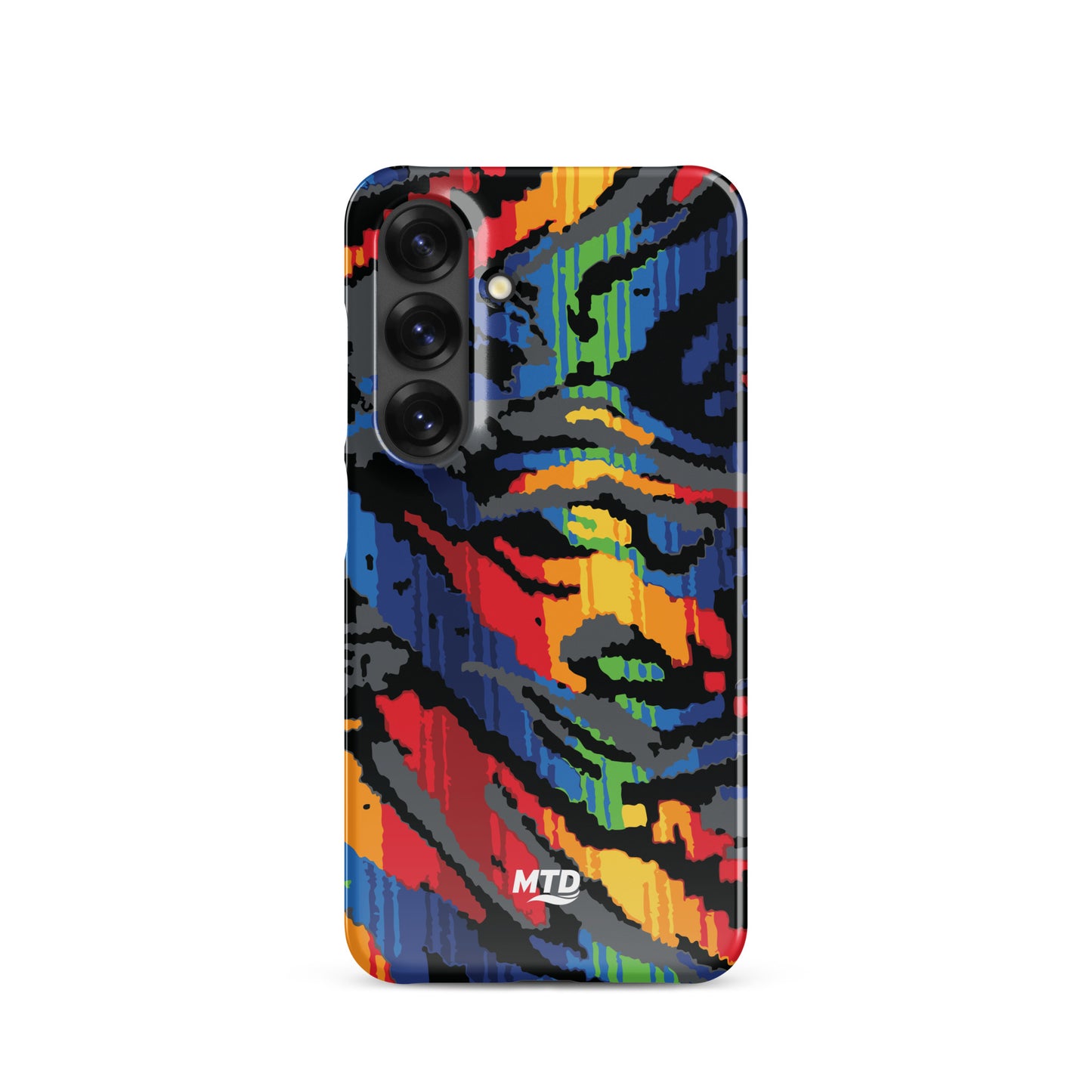 Phone case with colorful MTD bus seat pattern.