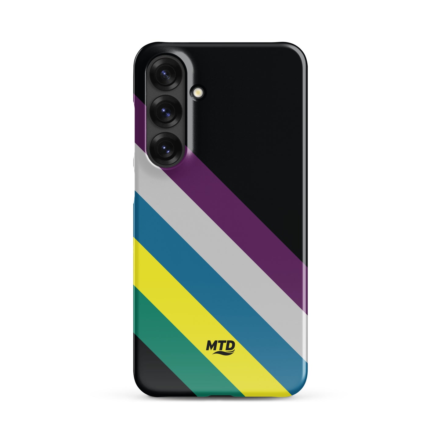 Black phone case with five colored lines running diagonally in the center.