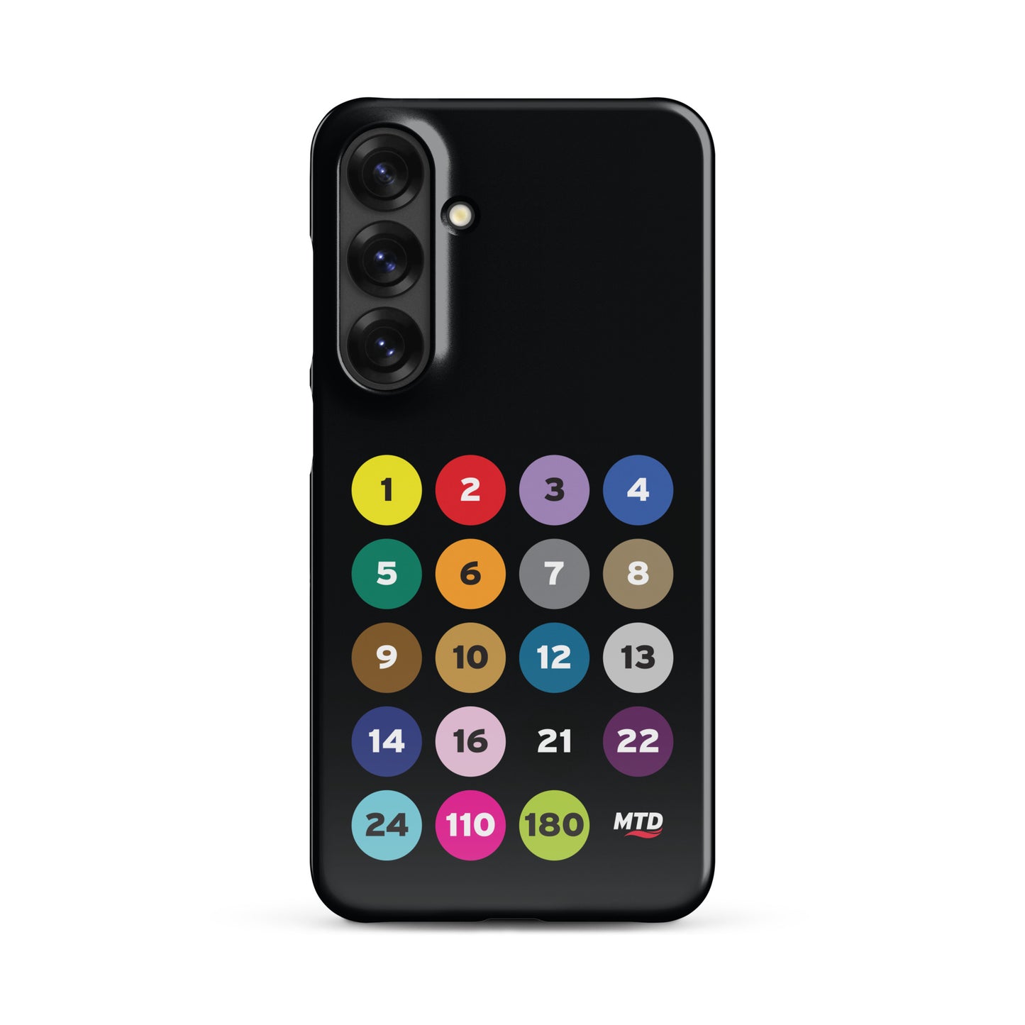Black phone case with colorful circles and numbers representing MTD routes.