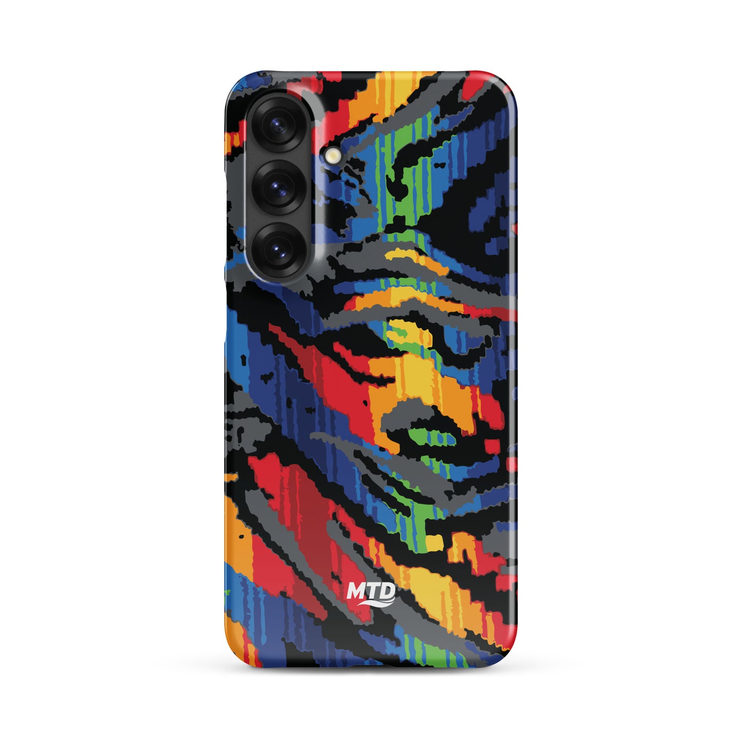 Phone case with colorful MTD bus seat pattern.