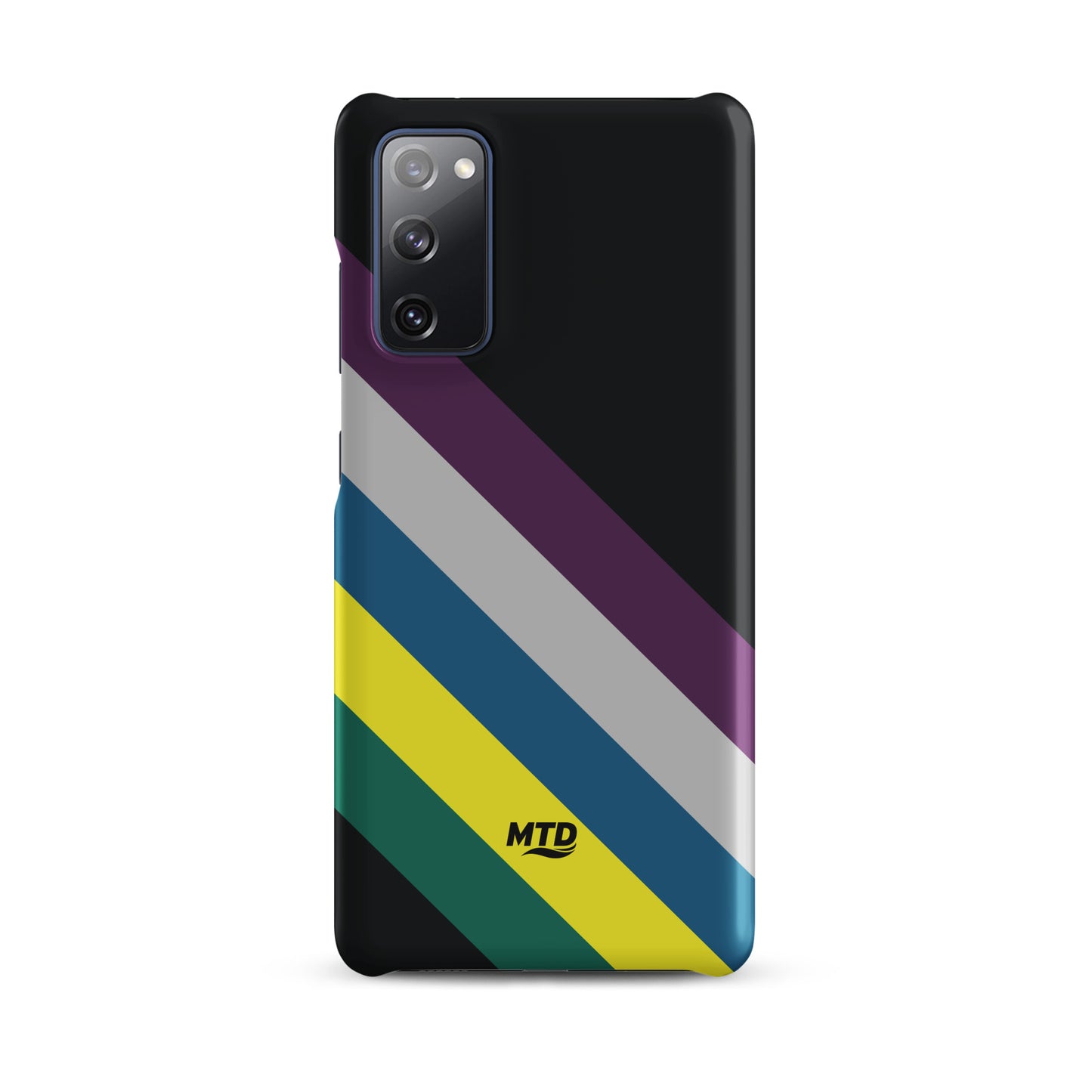 Black phone case with five colored lines running diagonally in the center.