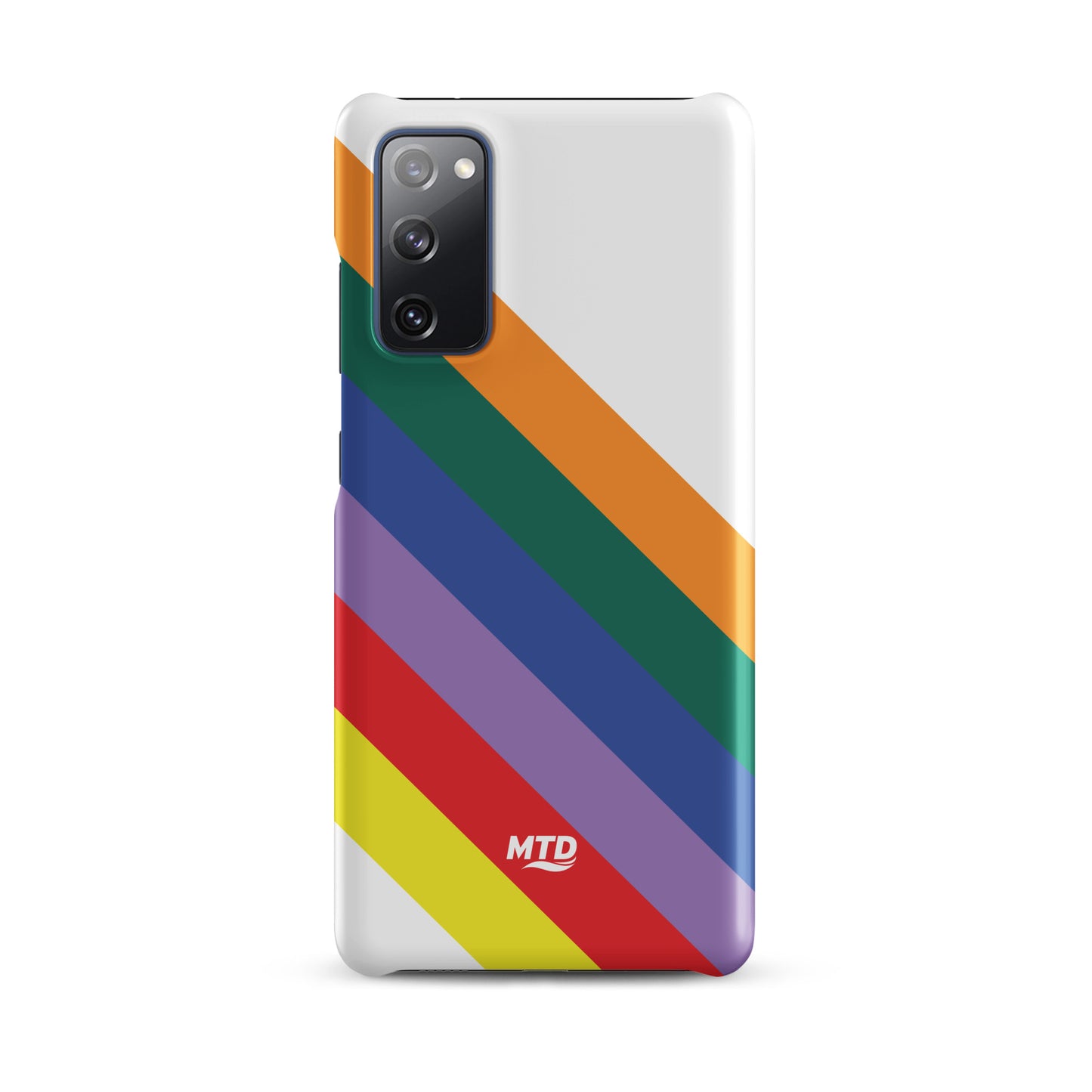 White phone case with six colored lines running diagonally in the center.
