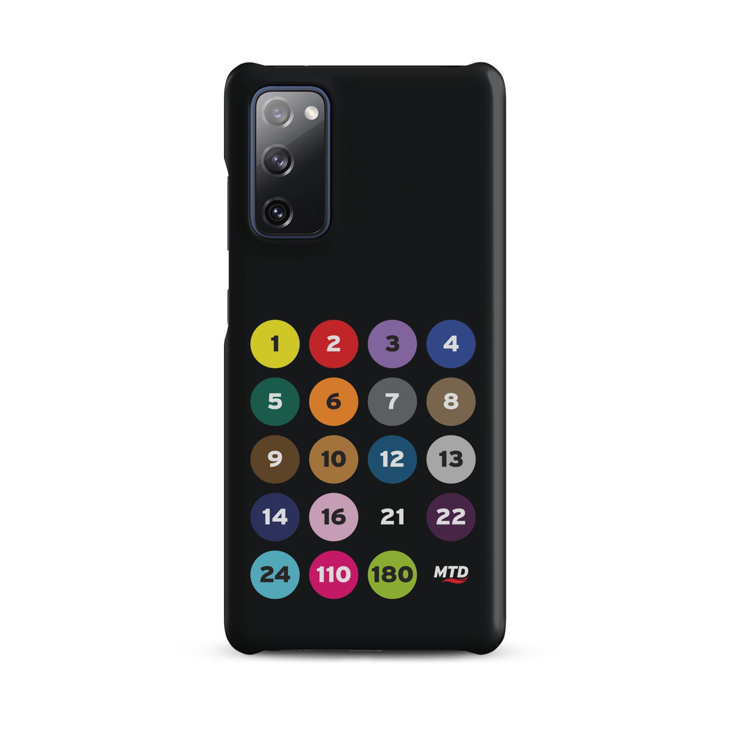 Black phone case with colorful circles and numbers representing MTD routes.