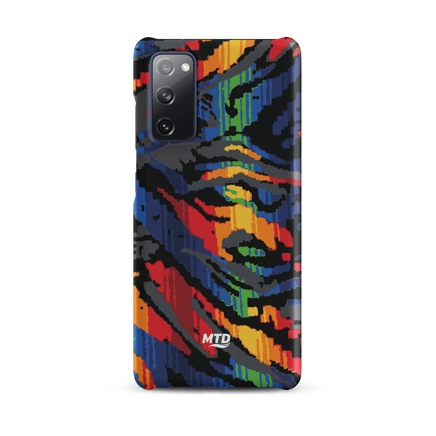Phone case with colorful MTD bus seat pattern.