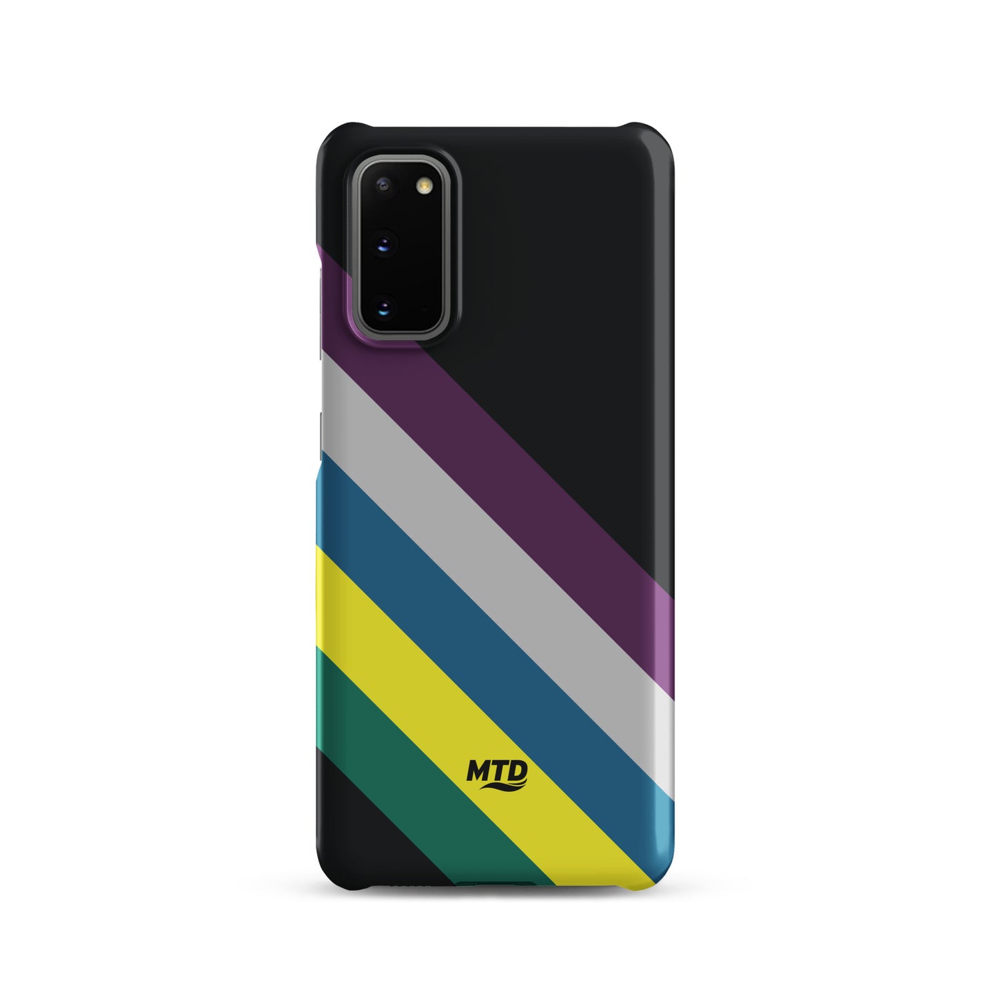 Black phone case with five colored lines running diagonally in the center.