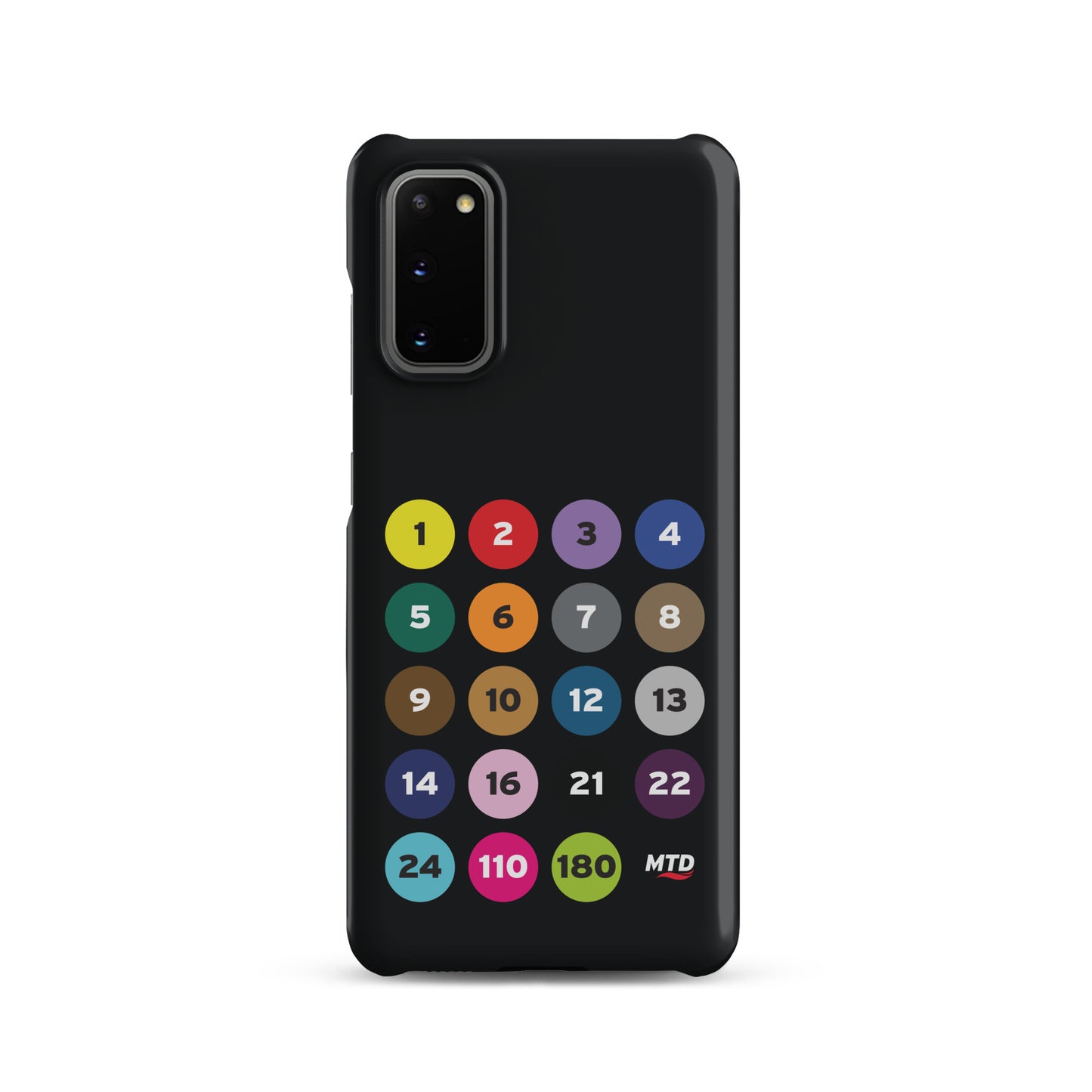 Black phone case with colorful circles and numbers representing MTD routes.