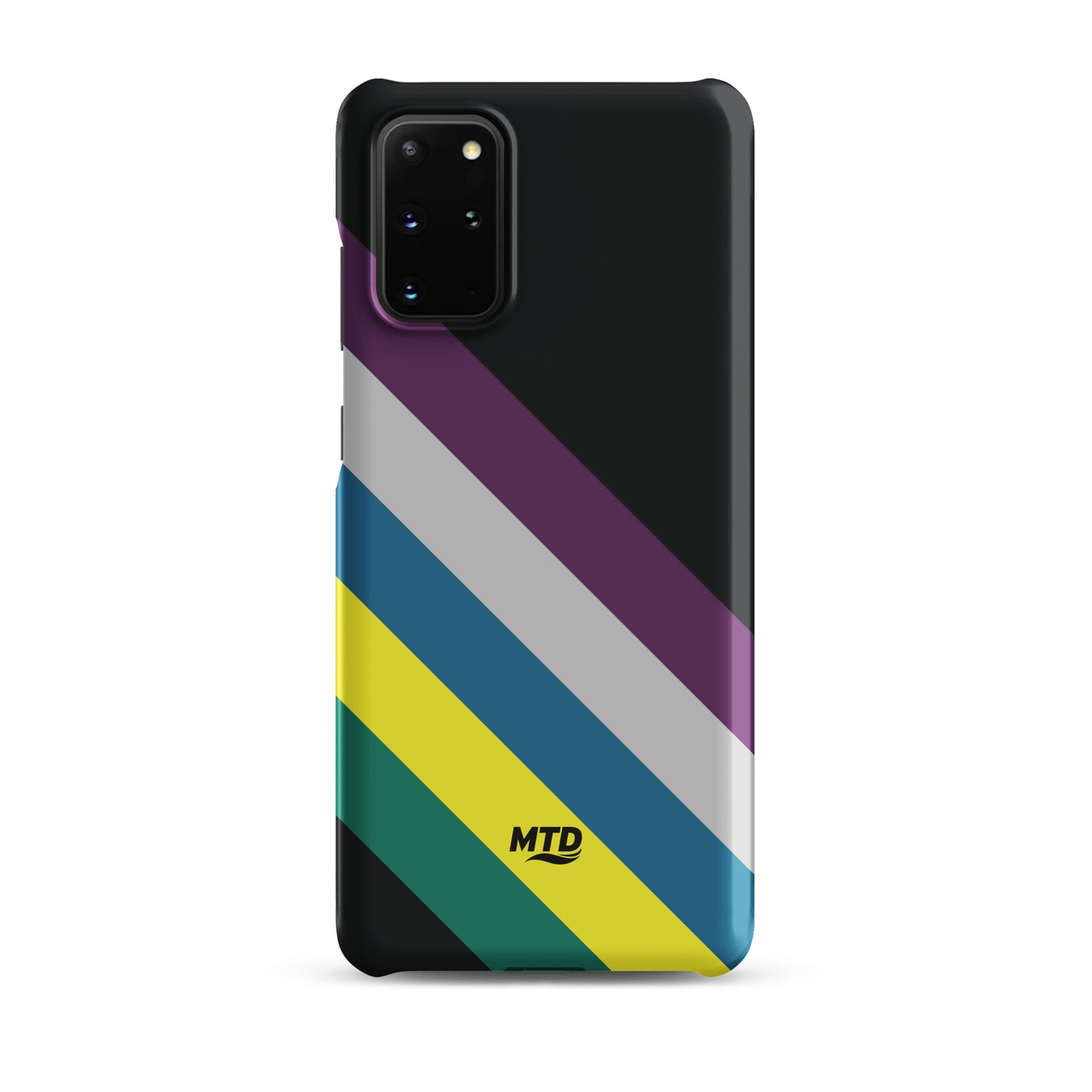 Black phone case with five colored lines running diagonally in the center.