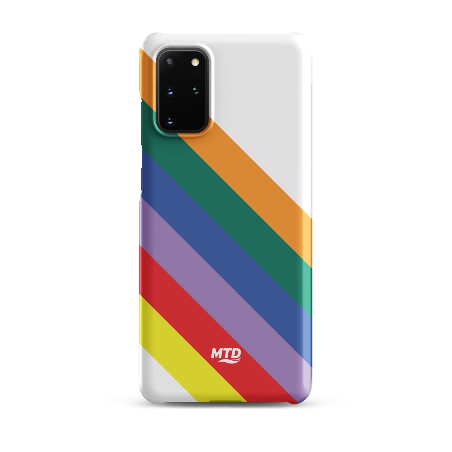 White phone case with six colored lines running diagonally in the center.