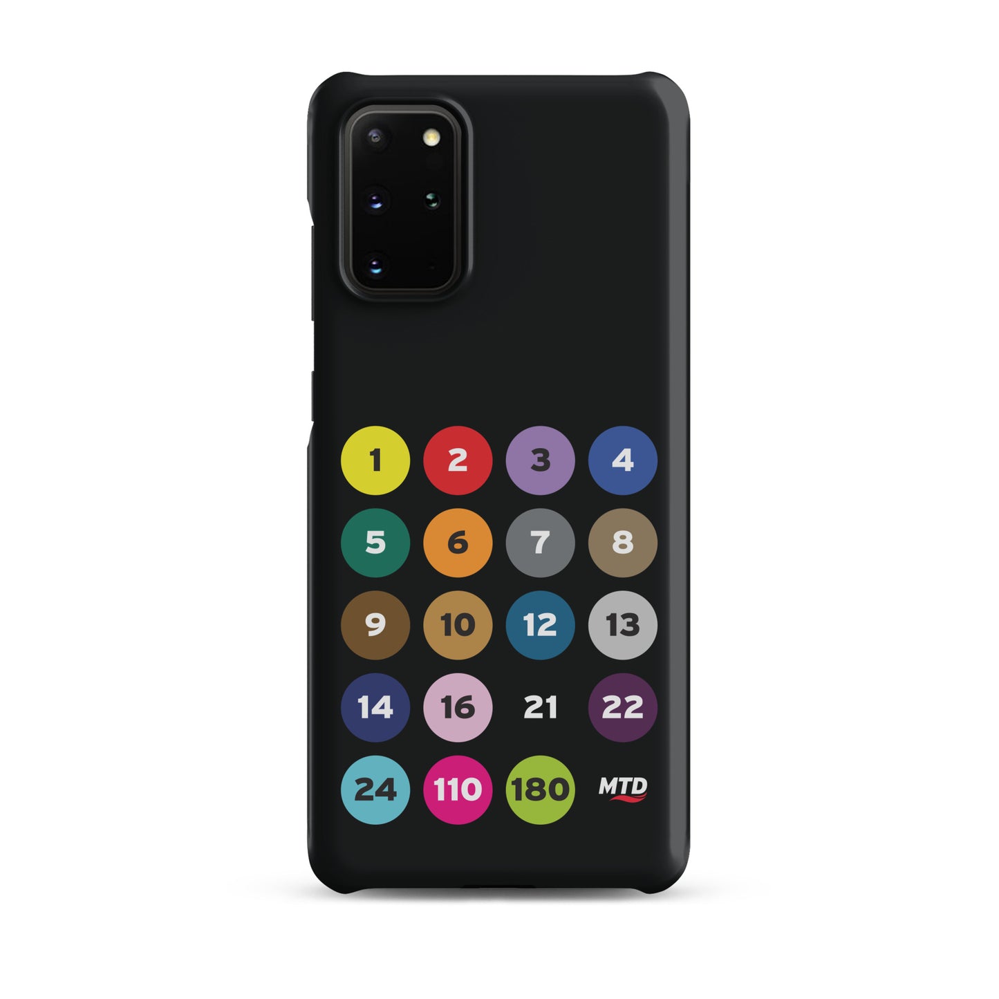 Black phone case with colorful circles and numbers representing MTD routes.