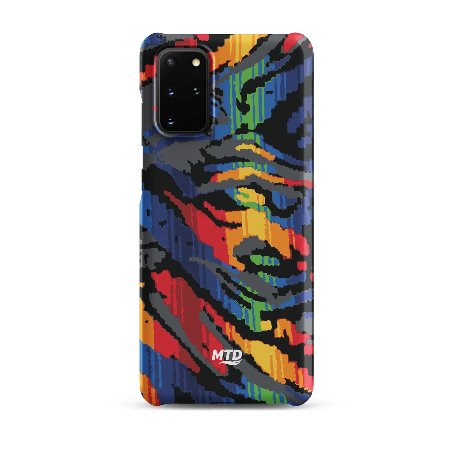 Phone case with colorful MTD bus seat pattern.