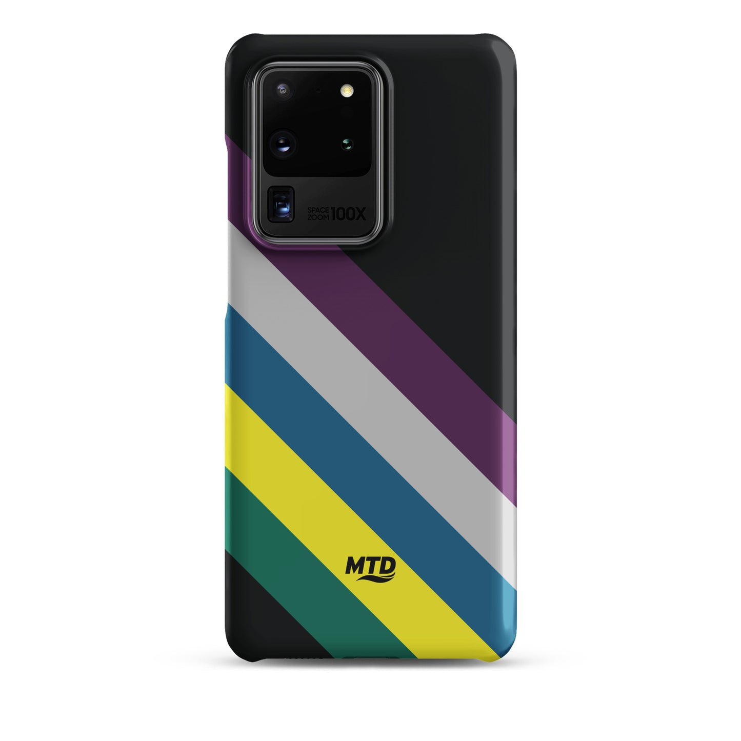Black phone case with five colored lines running diagonally in the center.