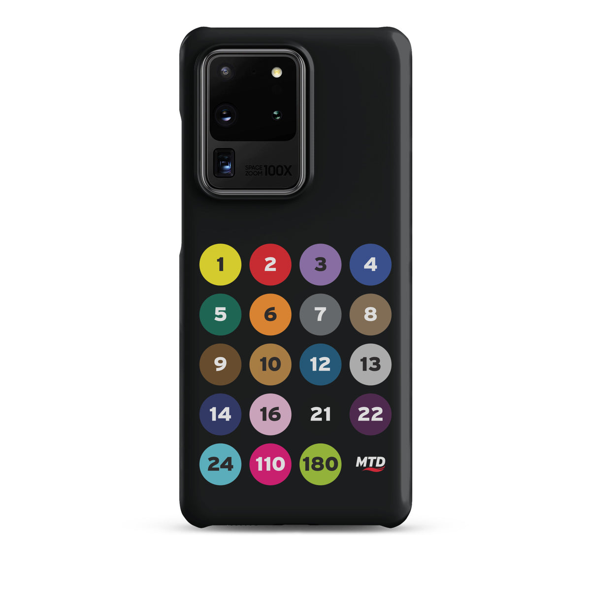 Black phone case with colorful circles and numbers representing MTD routes.