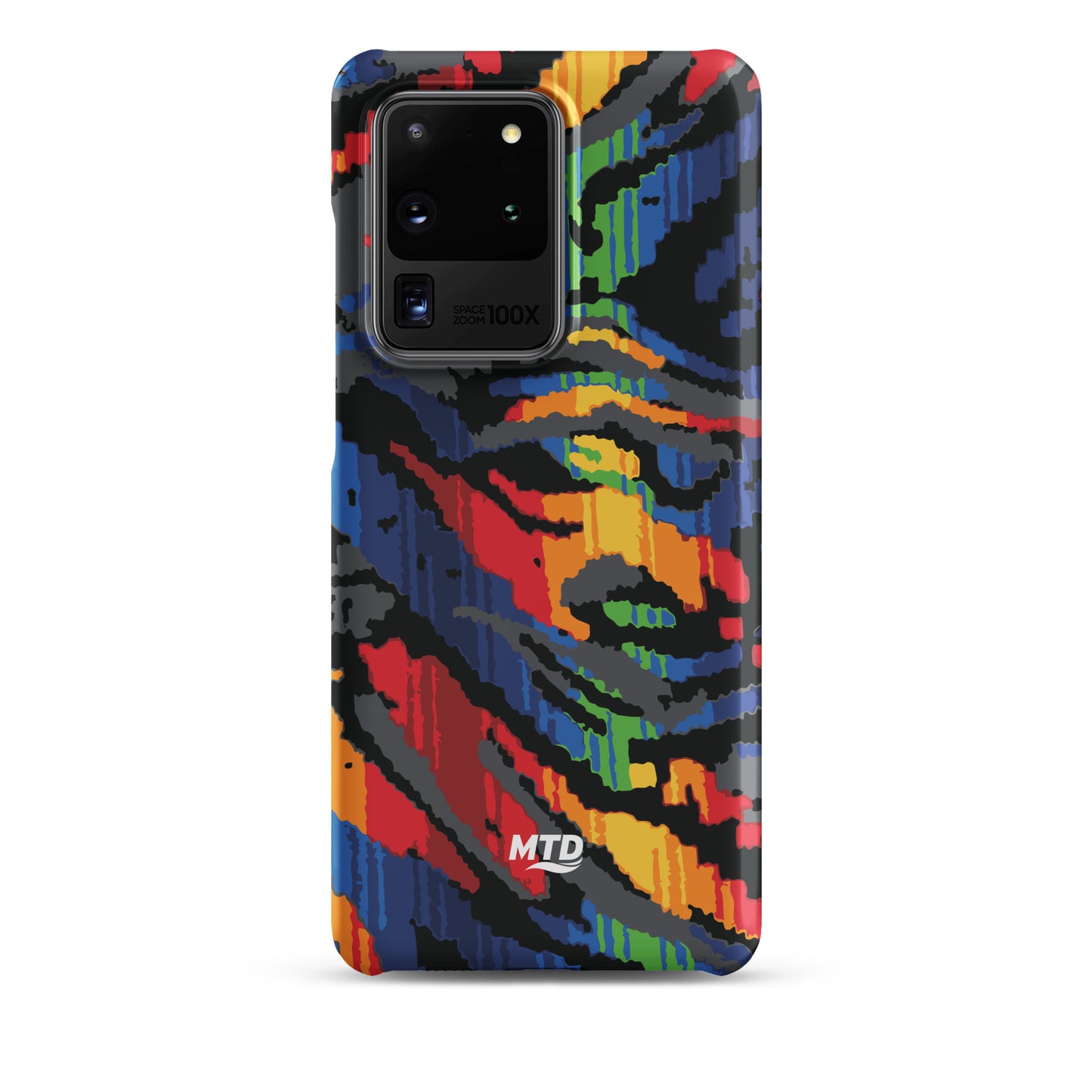 Phone case with colorful MTD bus seat pattern.