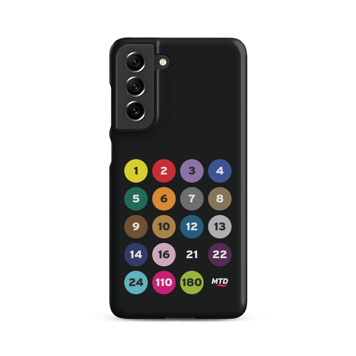 Black phone case with colorful circles and numbers representing MTD routes.