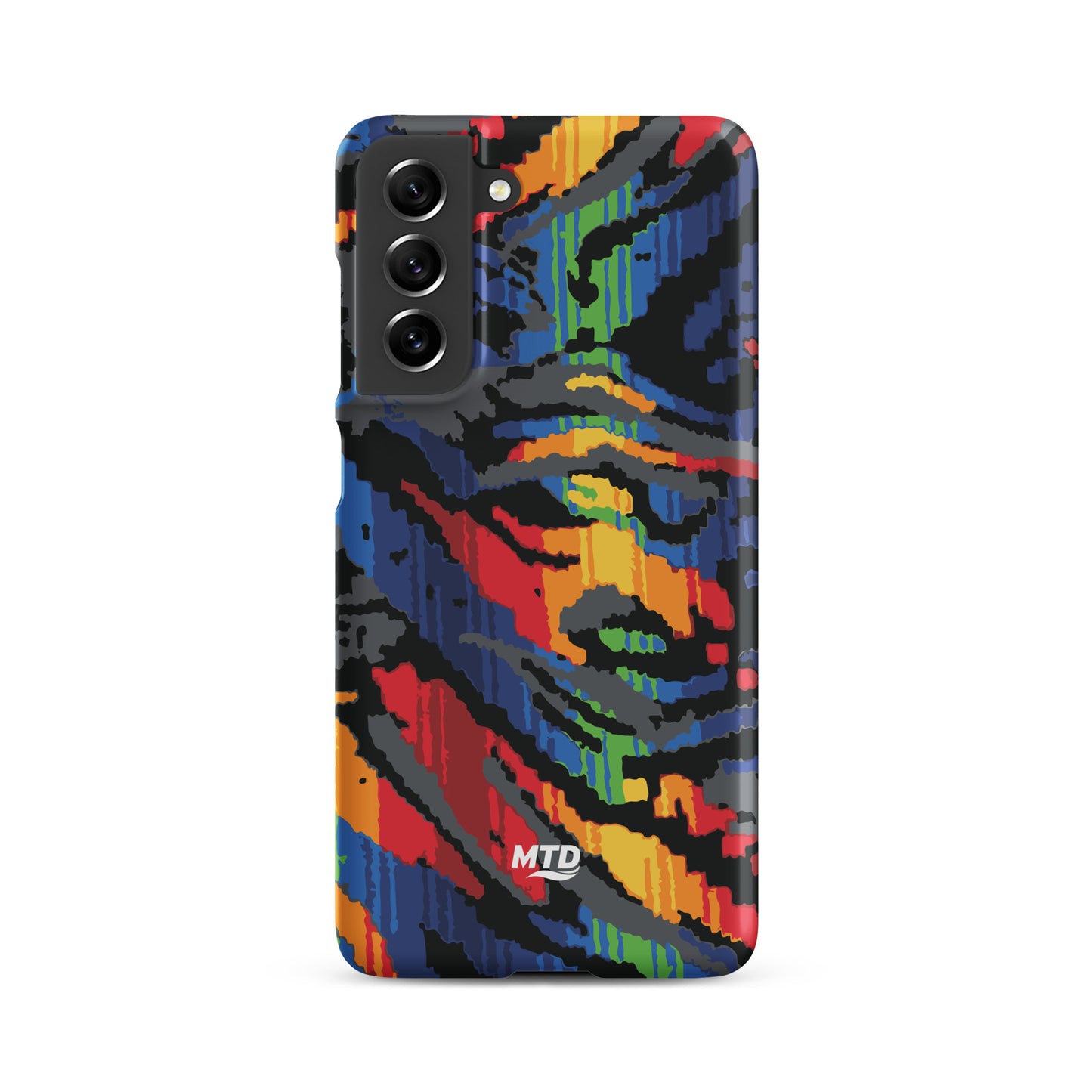Phone case with colorful MTD bus seat pattern.