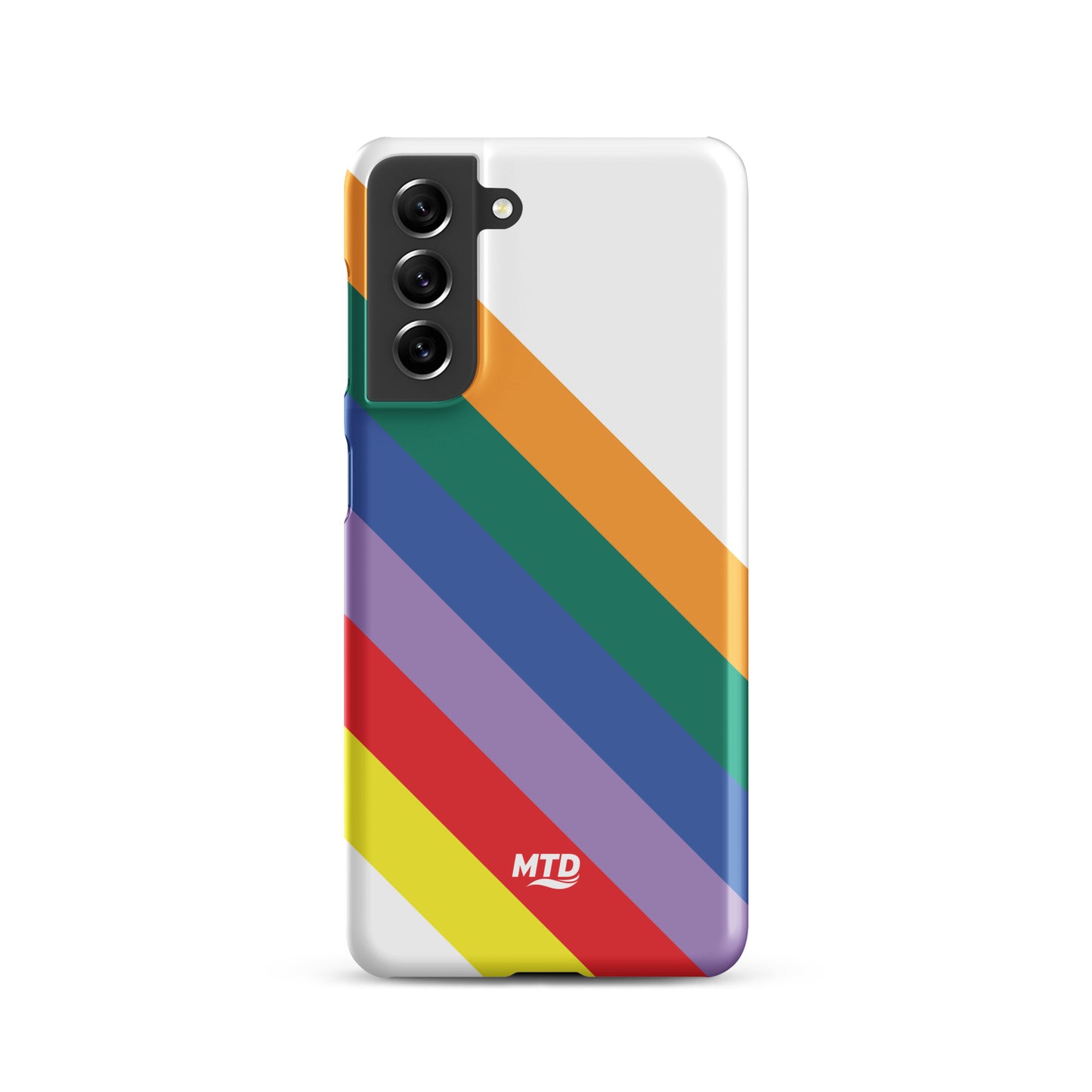 White phone case with six colored lines running diagonally in the center.