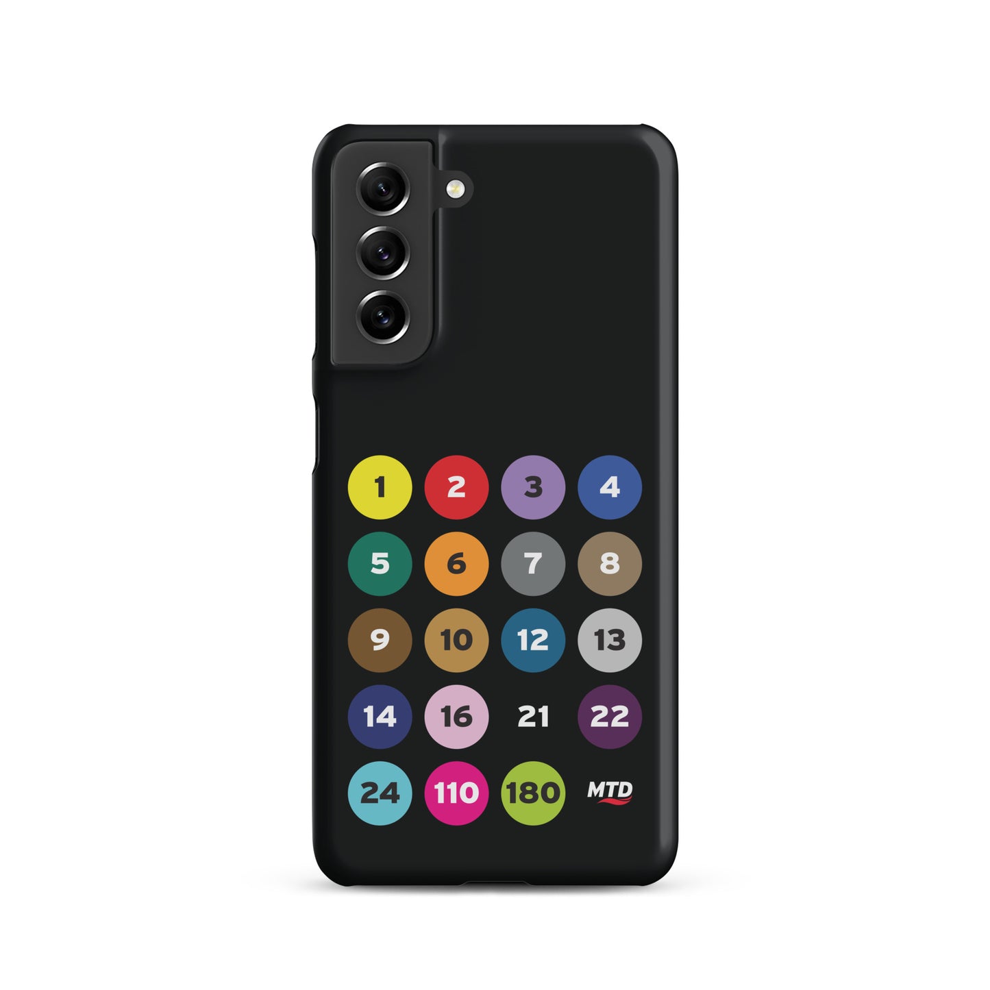 Black phone case with colorful circles and numbers representing MTD routes.