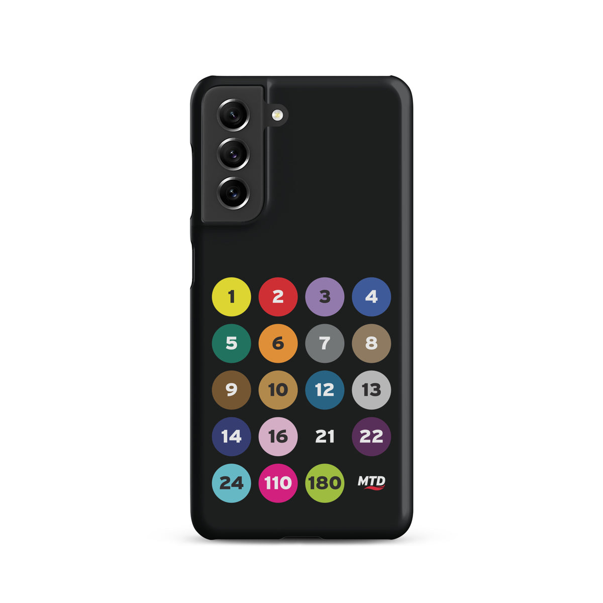 Black phone case with colorful circles and numbers representing MTD routes.