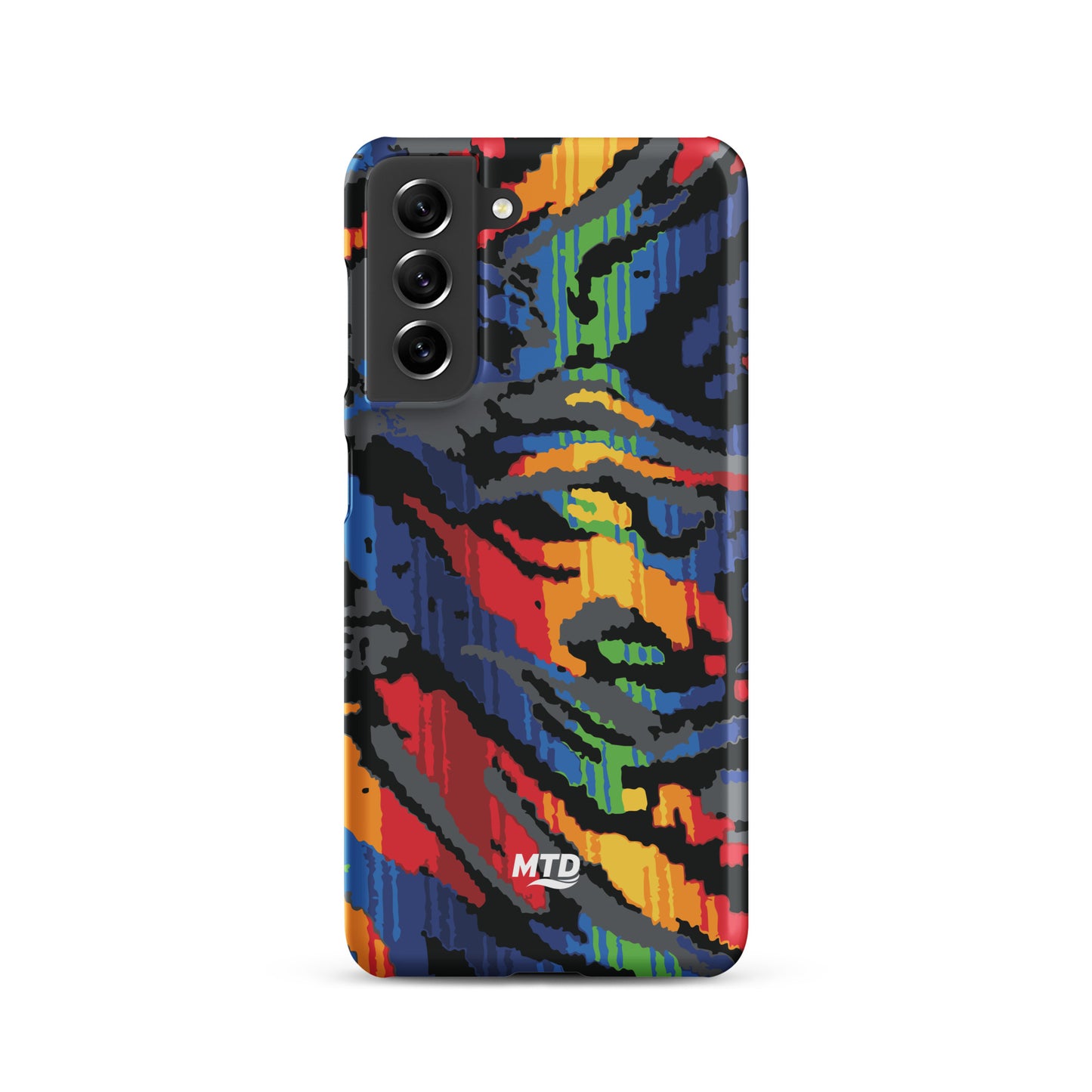 Phone case with colorful MTD bus seat pattern.