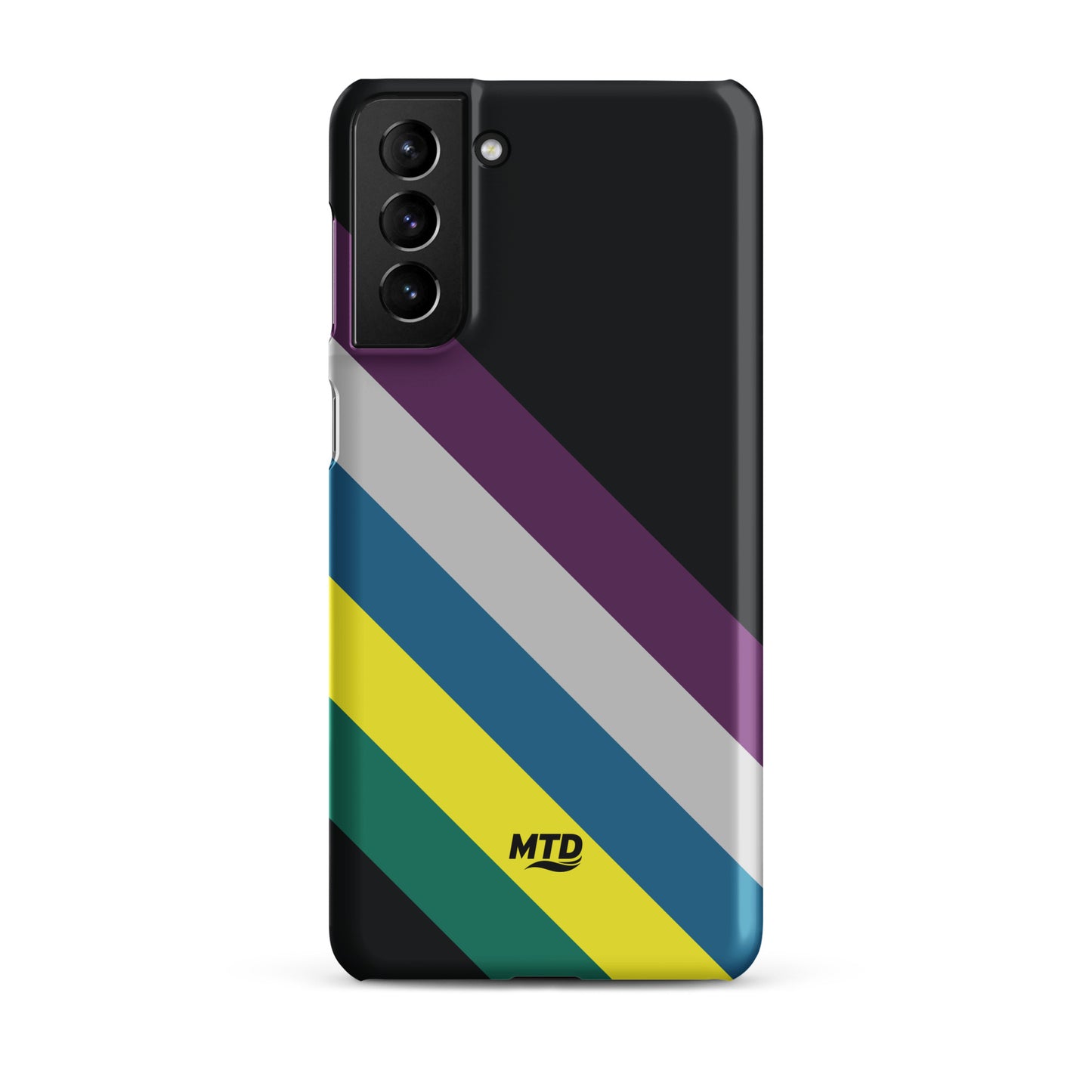 Black phone case with five colored lines running diagonally in the center.