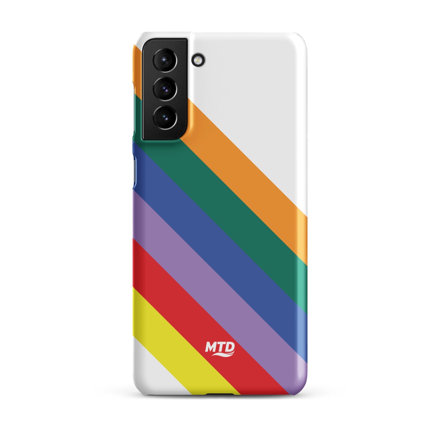 White phone case with six colored lines running diagonally in the center.