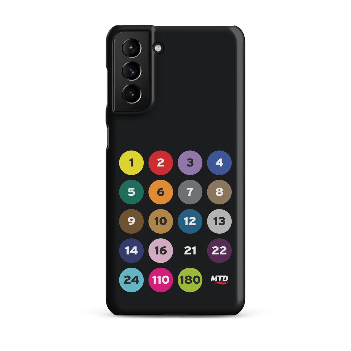 Black phone case with colorful circles and numbers representing MTD routes.