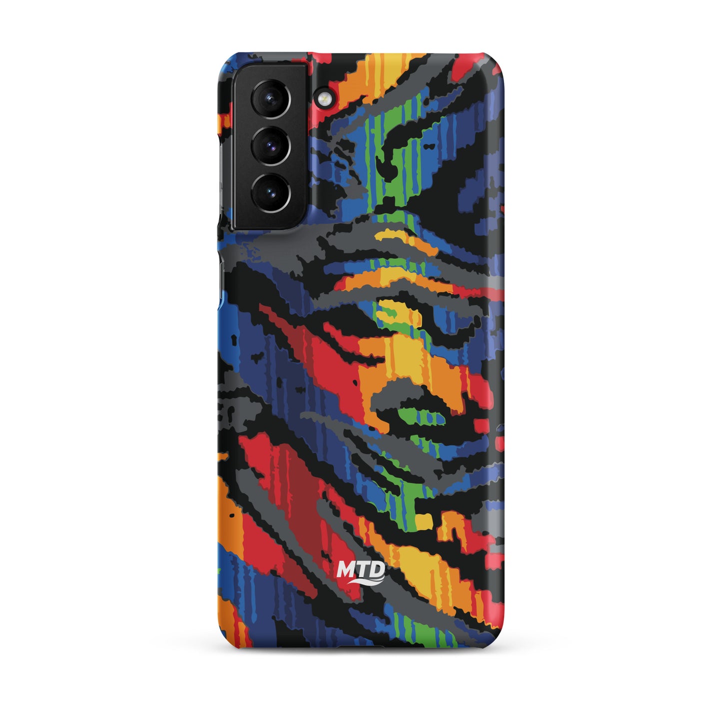 Phone case with colorful MTD bus seat pattern.