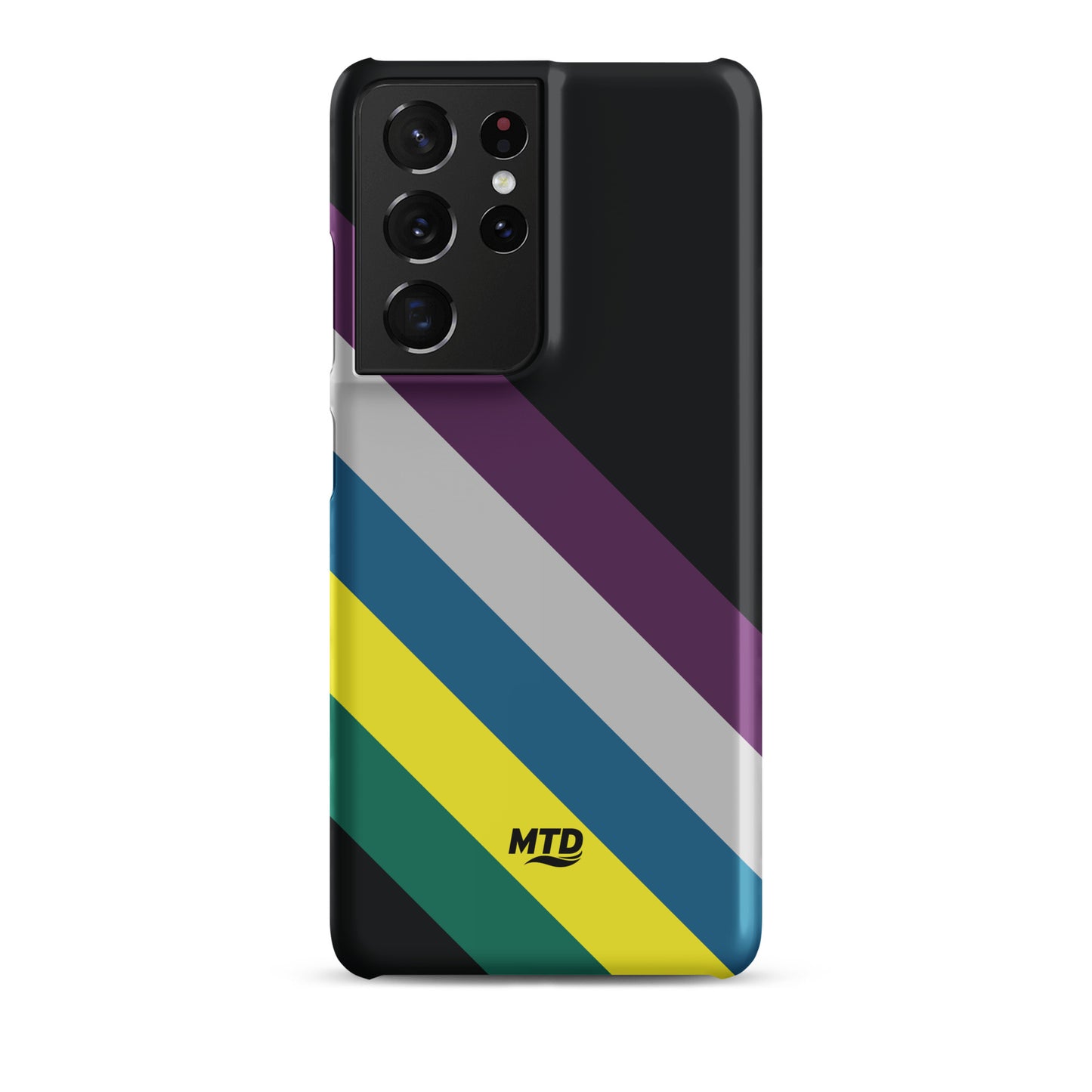 Black phone case with five colored lines running diagonally in the center.