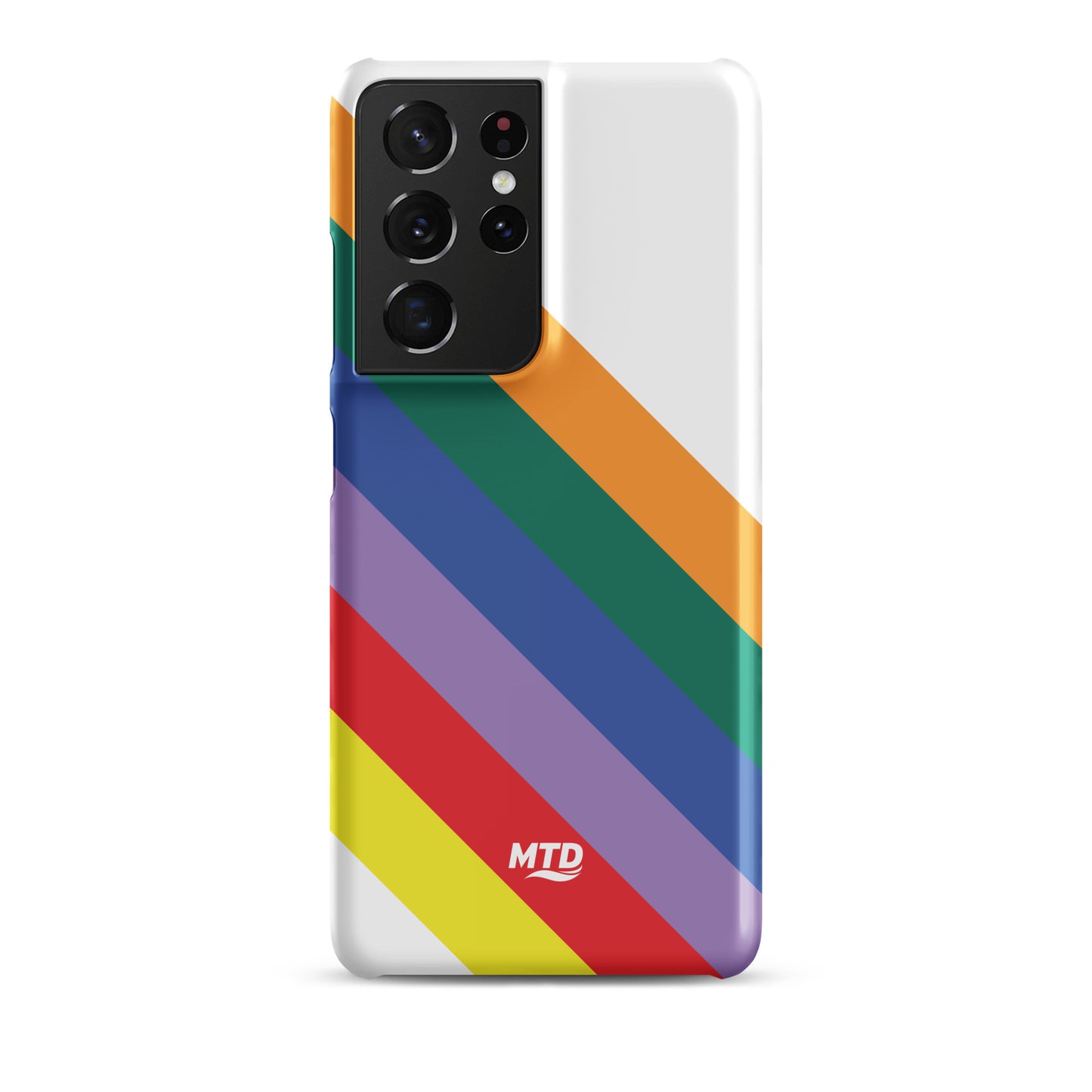 White phone case with six colored lines running diagonally in the center.