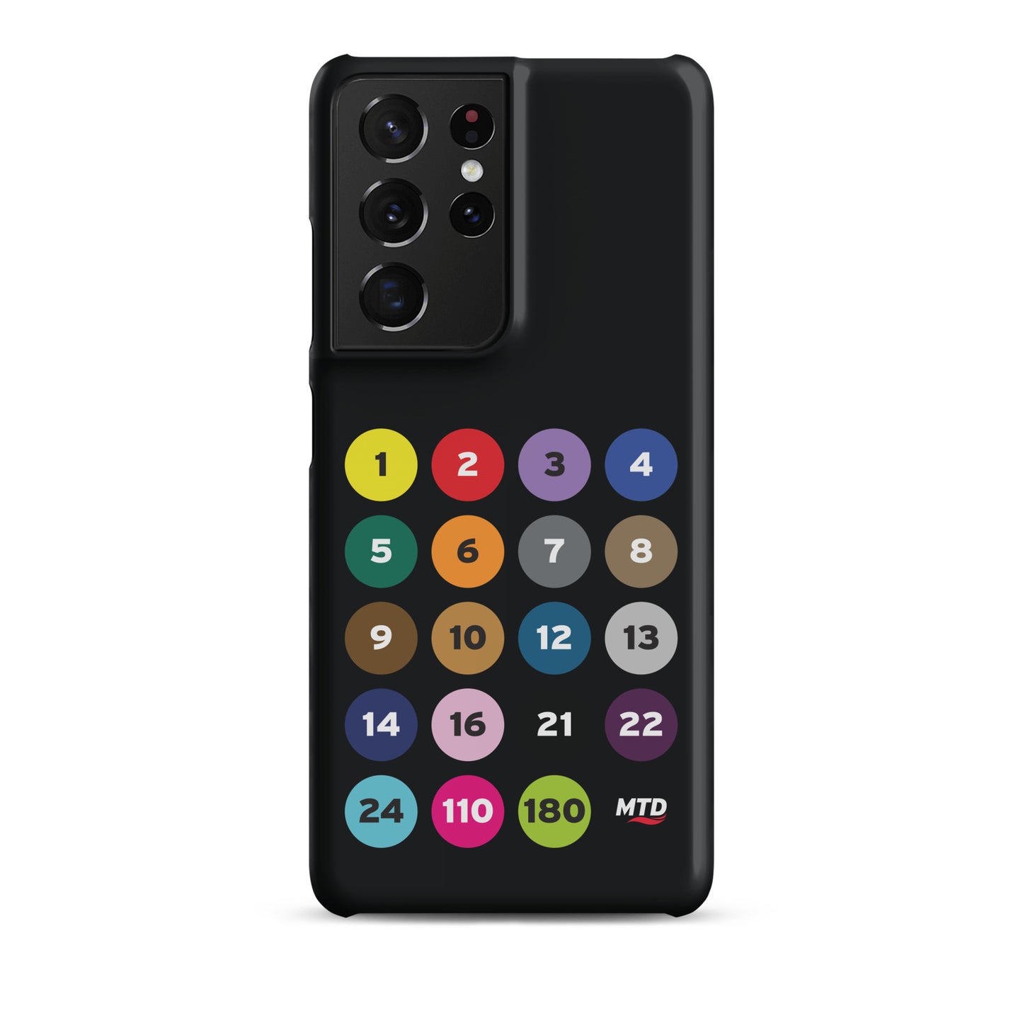 Black phone case with colorful circles and numbers representing MTD routes.