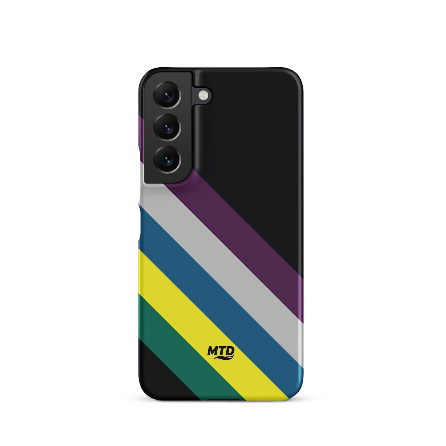 Black phone case with five colored lines running diagonally in the center.