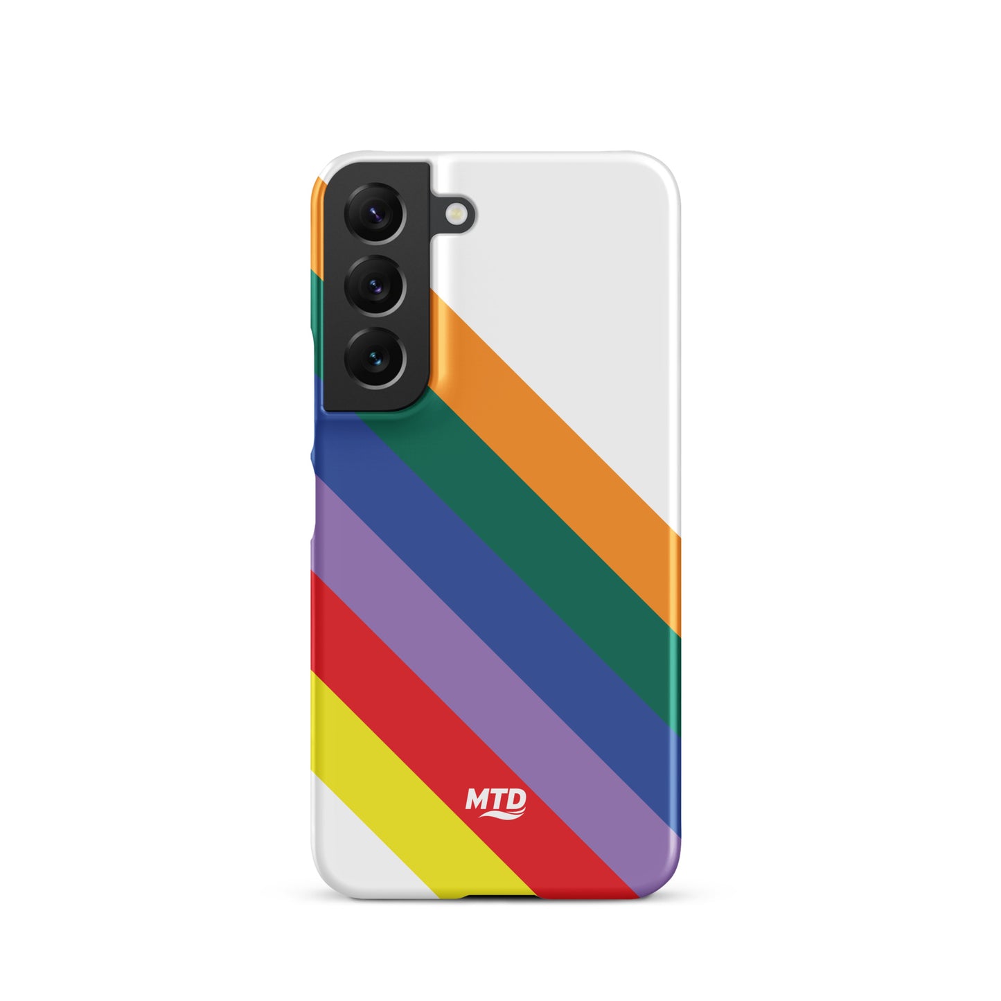White phone case with six colored lines running diagonally in the center.