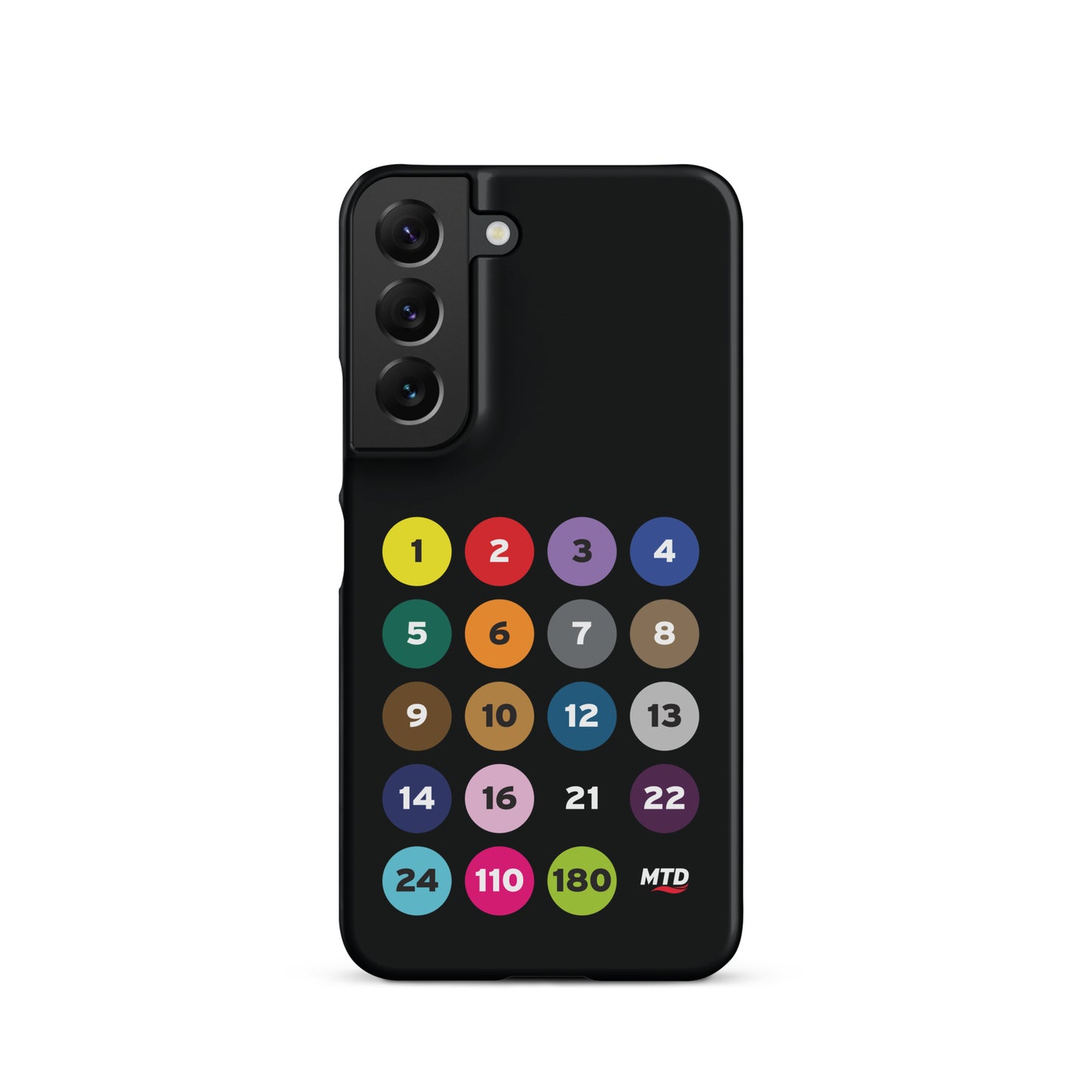Black phone case with colorful circles and numbers representing MTD routes.
