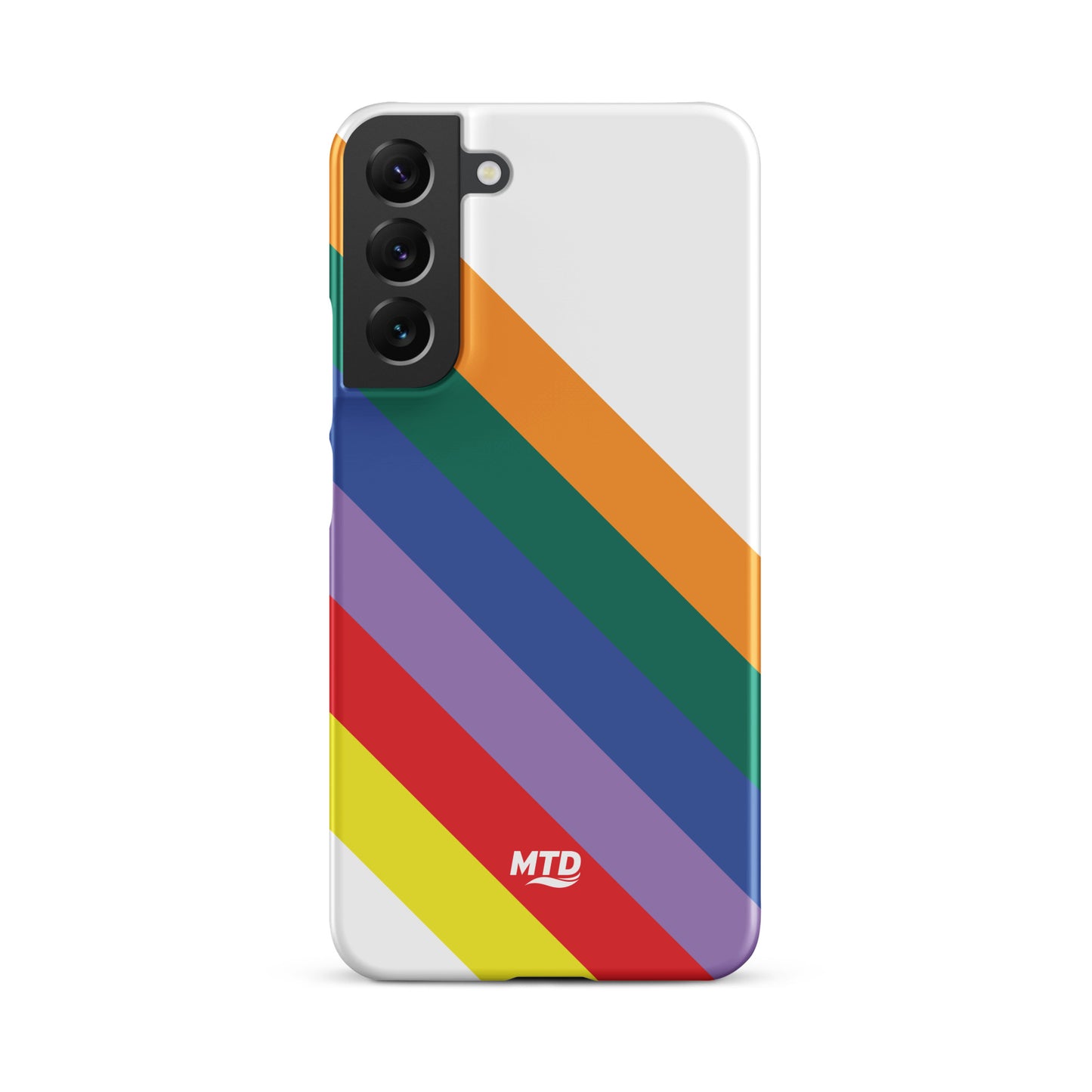 White phone case with six colored lines running diagonally in the center.