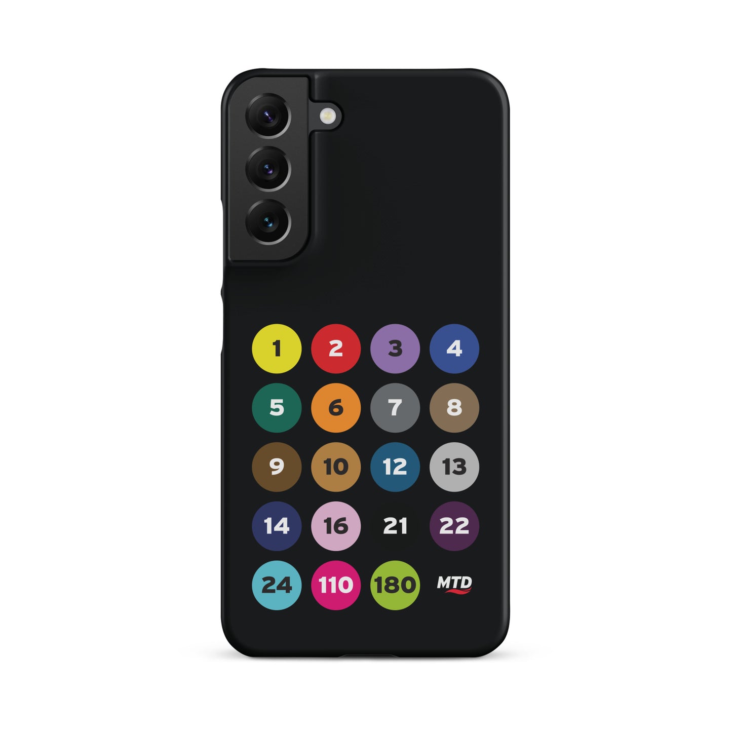 Black phone case with colorful circles and numbers representing MTD routes.