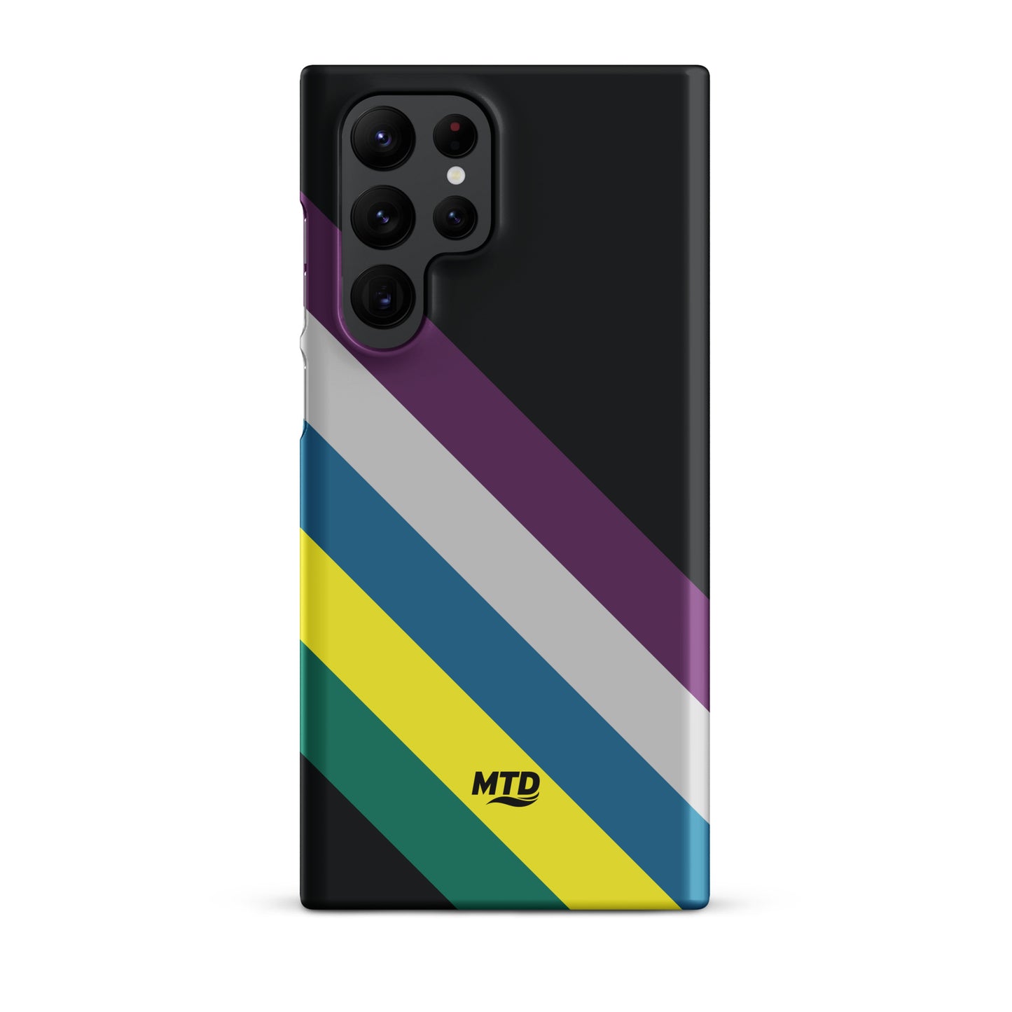 Black phone case with five colored lines running diagonally in the center.