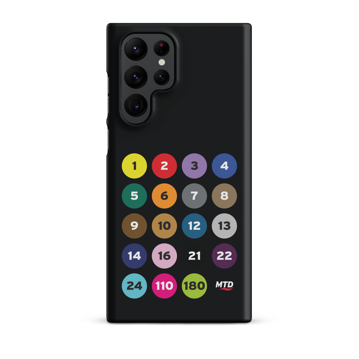 Black phone case with colorful circles and numbers representing MTD routes.