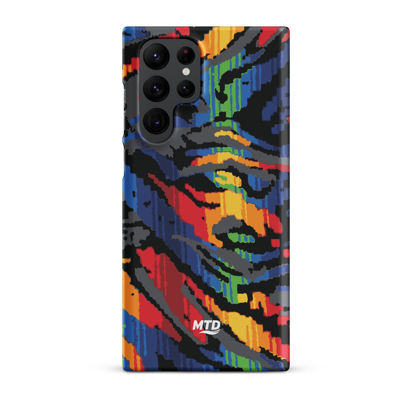 Phone case with colorful MTD bus seat pattern.