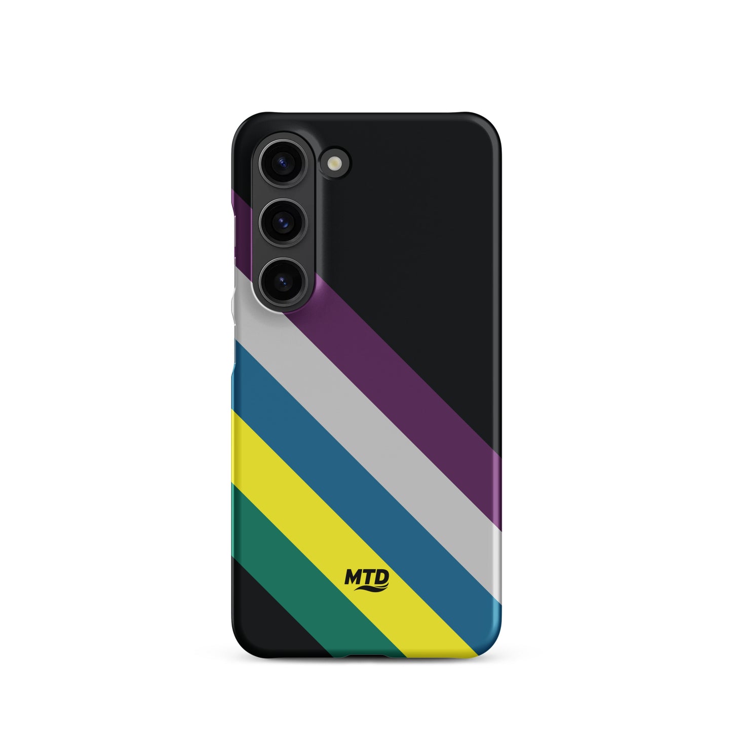 Black phone case with five colored lines running diagonally in the center.