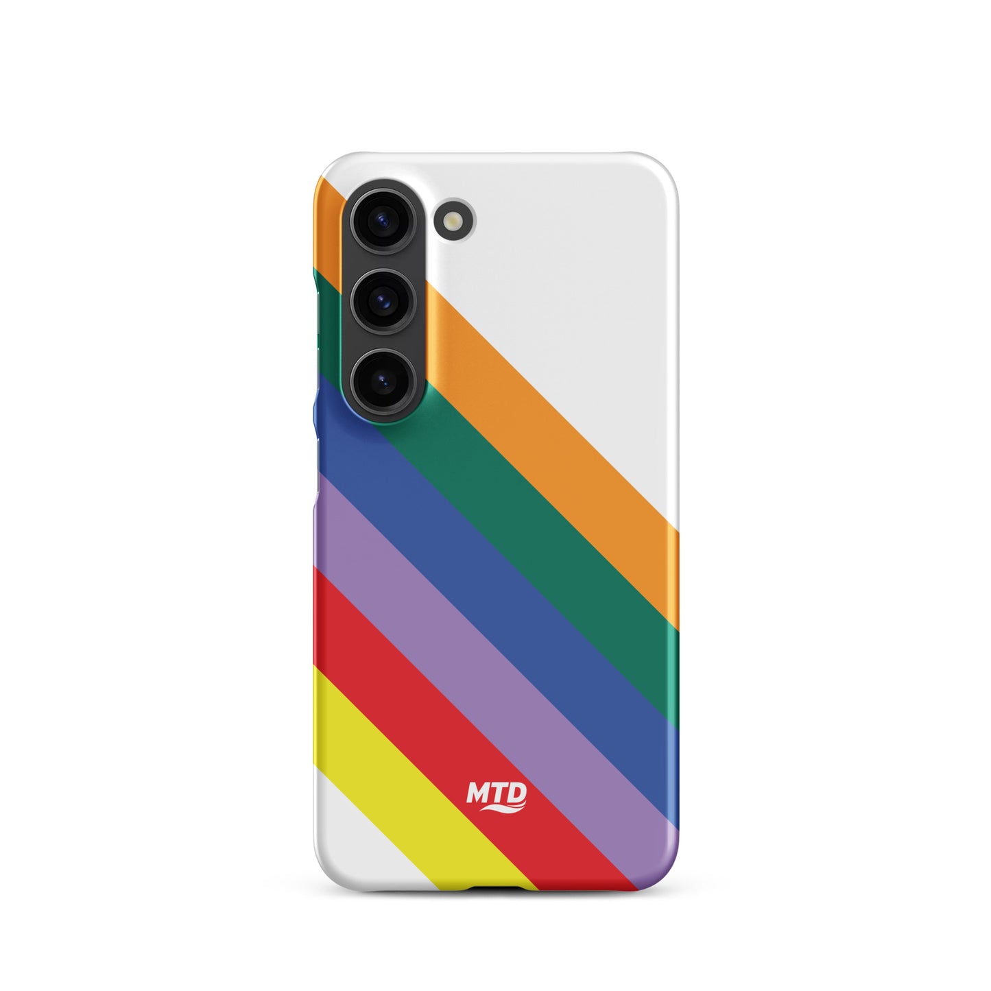 White phone case with six colored lines running diagonally in the center.