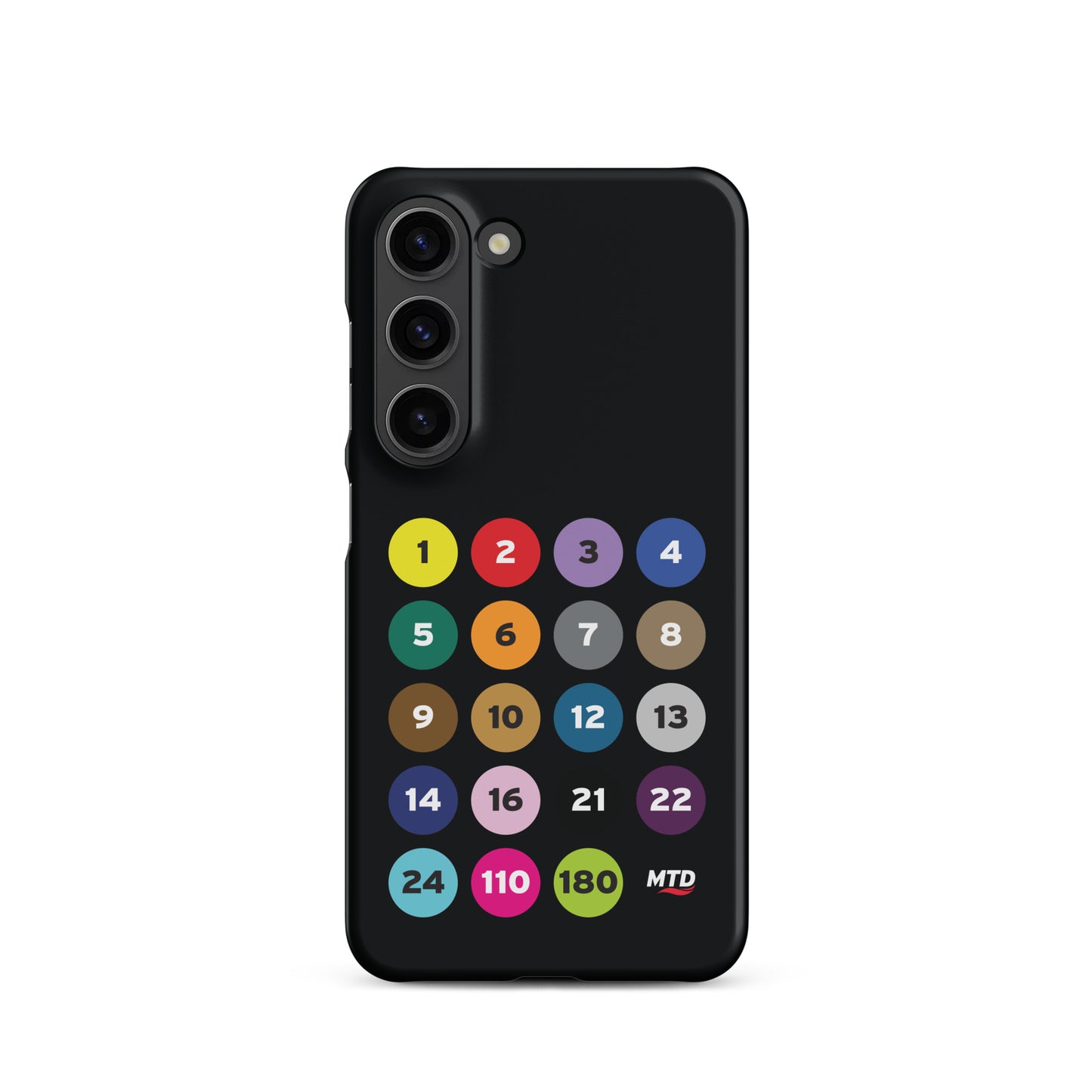 Black phone case with colorful circles and numbers representing MTD routes.