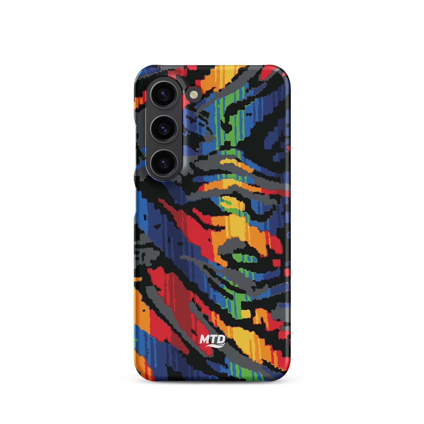 Phone case with colorful MTD bus seat pattern.