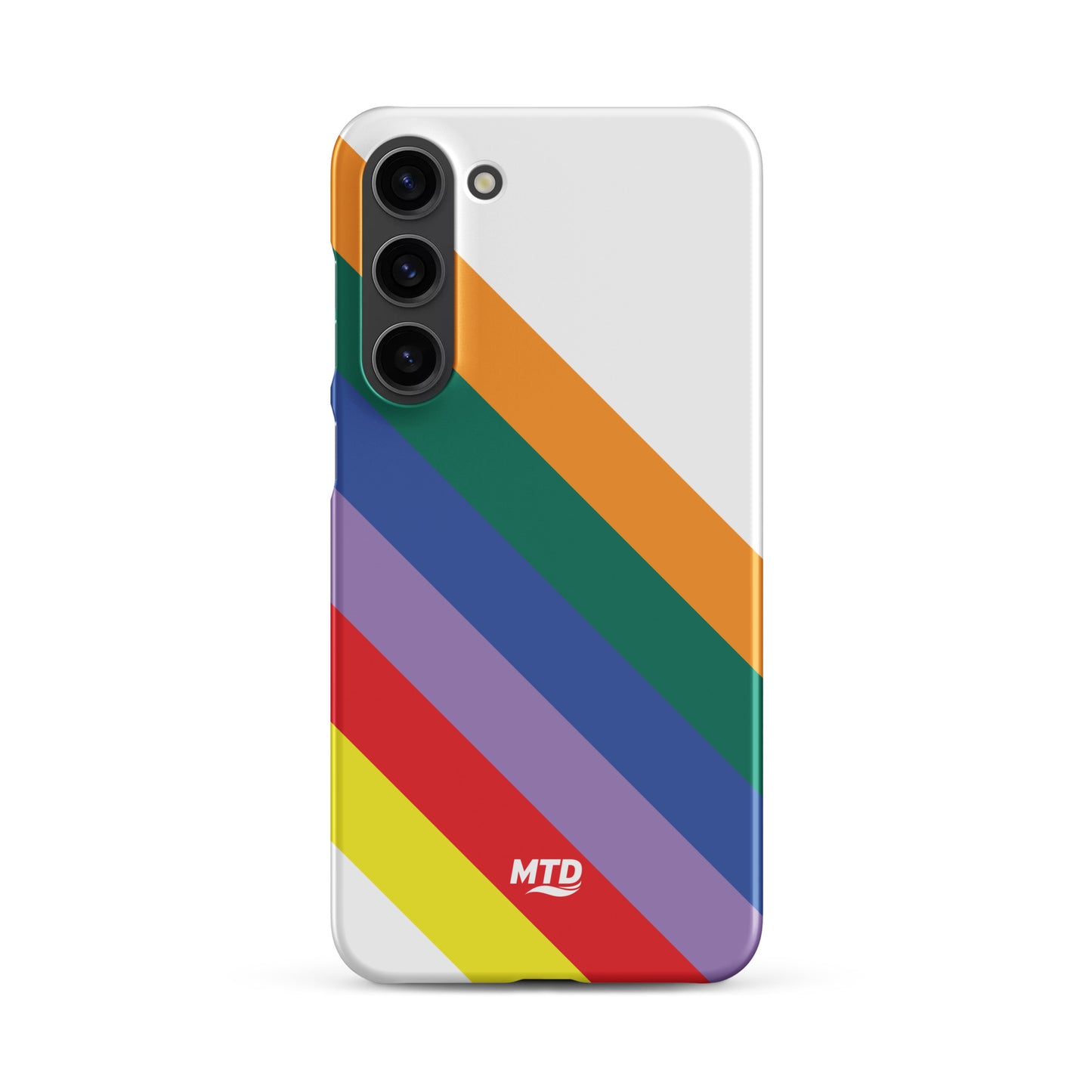 White phone case with six colored lines running diagonally in the center.