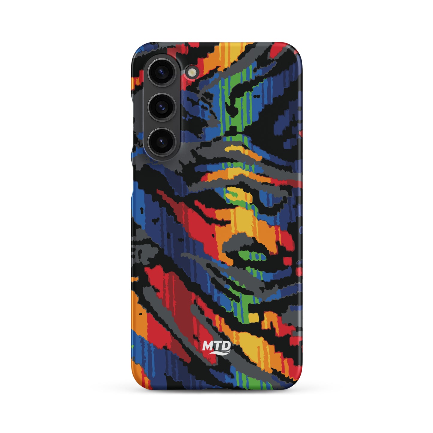 Phone case with colorful MTD bus seat pattern.
