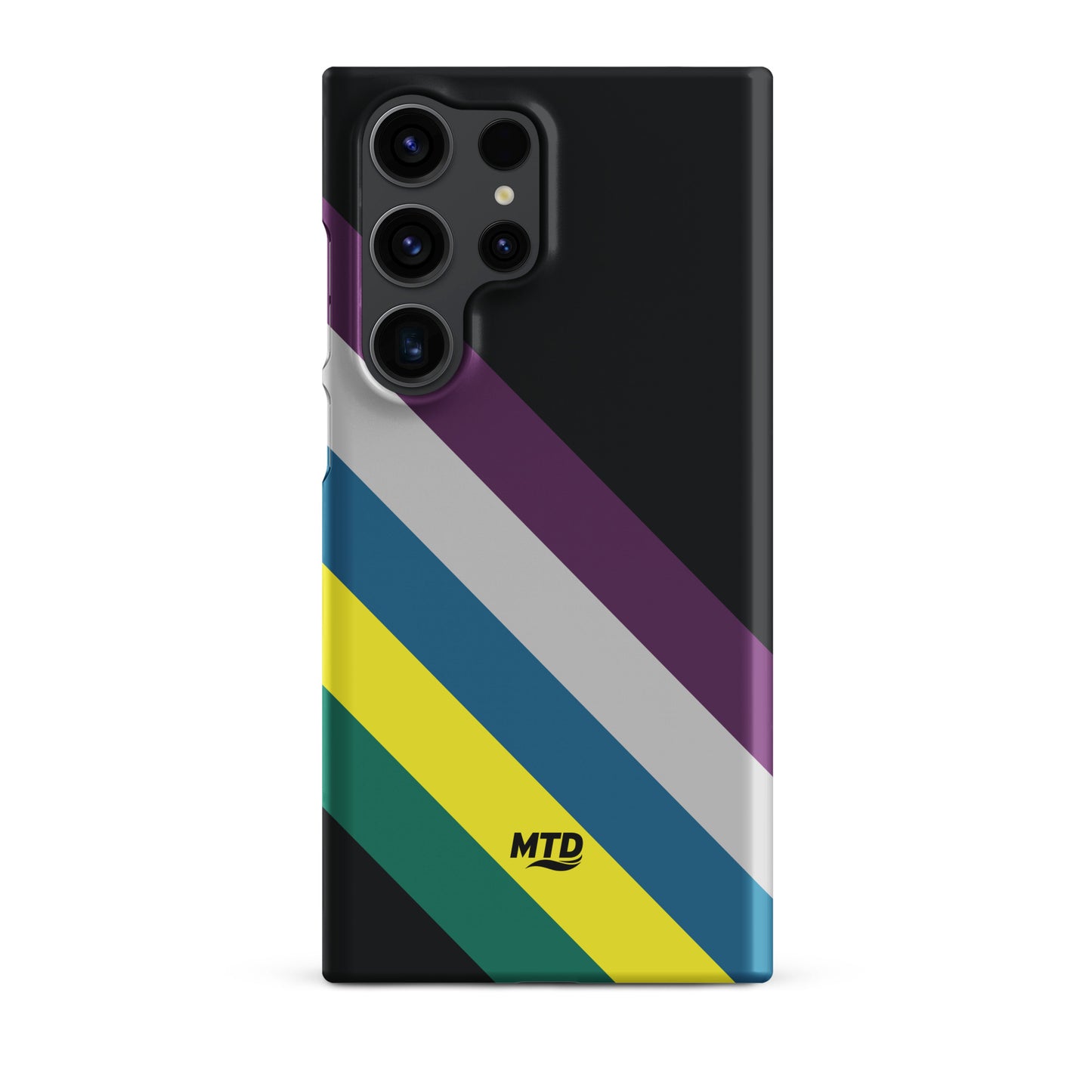 Black phone case with five colored lines running diagonally in the center.