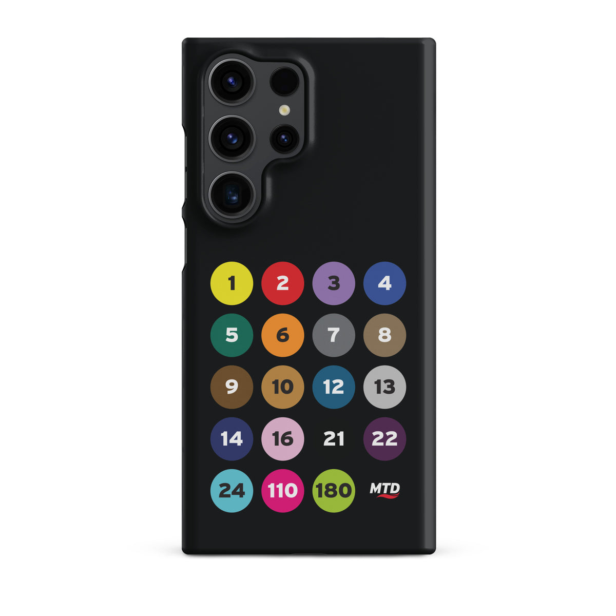 Black phone case with colorful circles and numbers representing MTD routes.