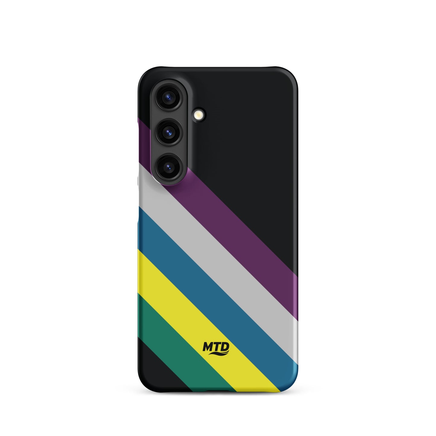 Black phone case with five colored lines running diagonally in the center.