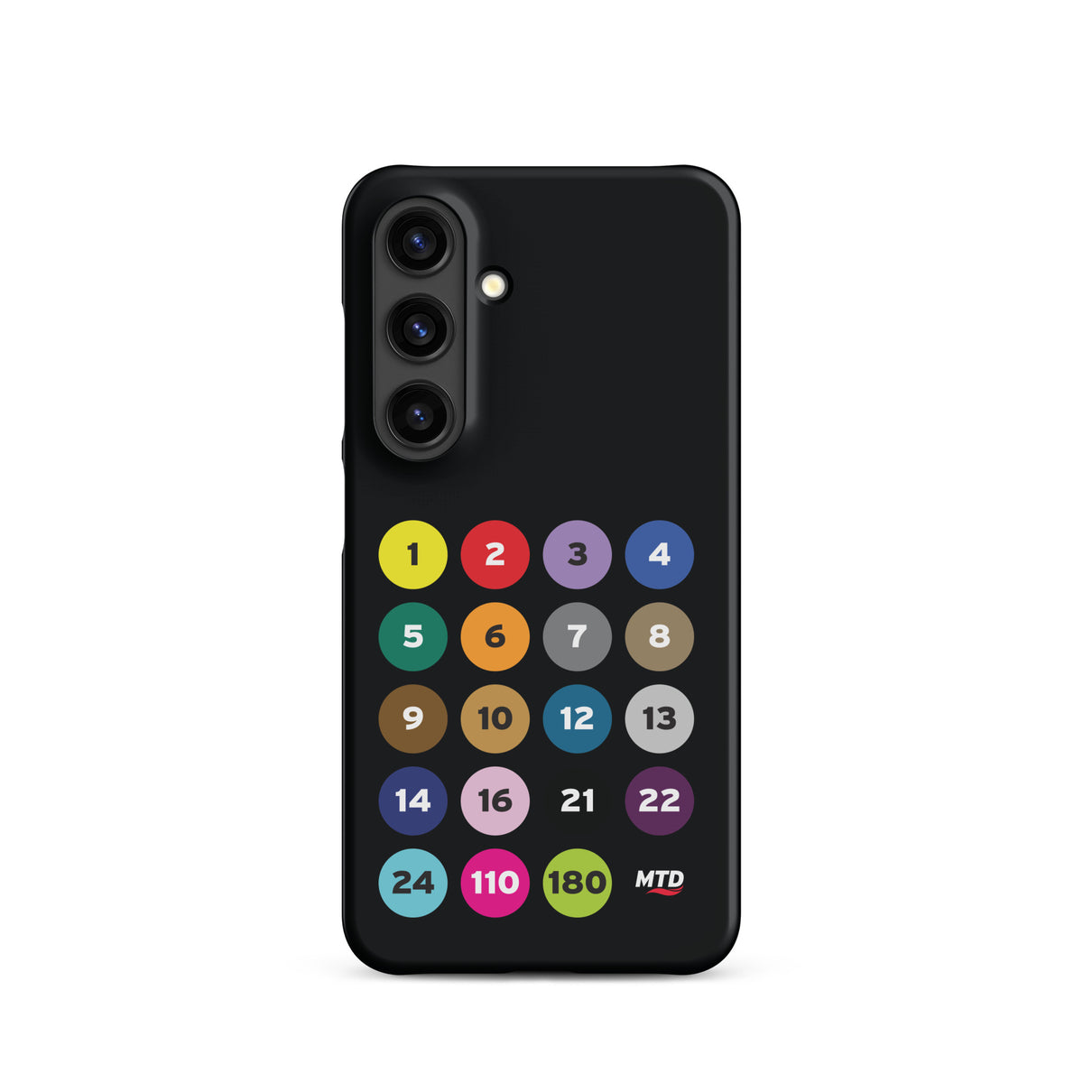 Black phone case with colorful circles and numbers representing MTD routes.