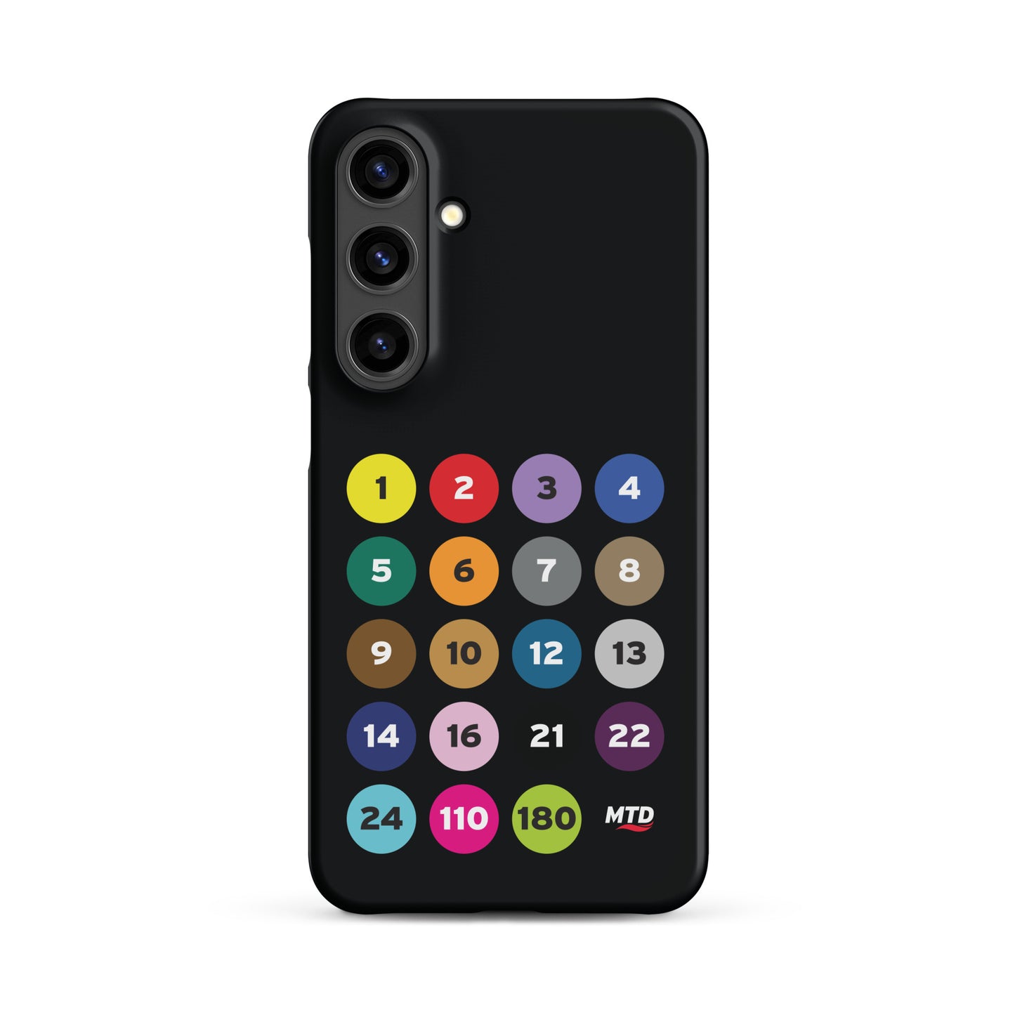 Black phone case with colorful circles and numbers representing MTD routes.
