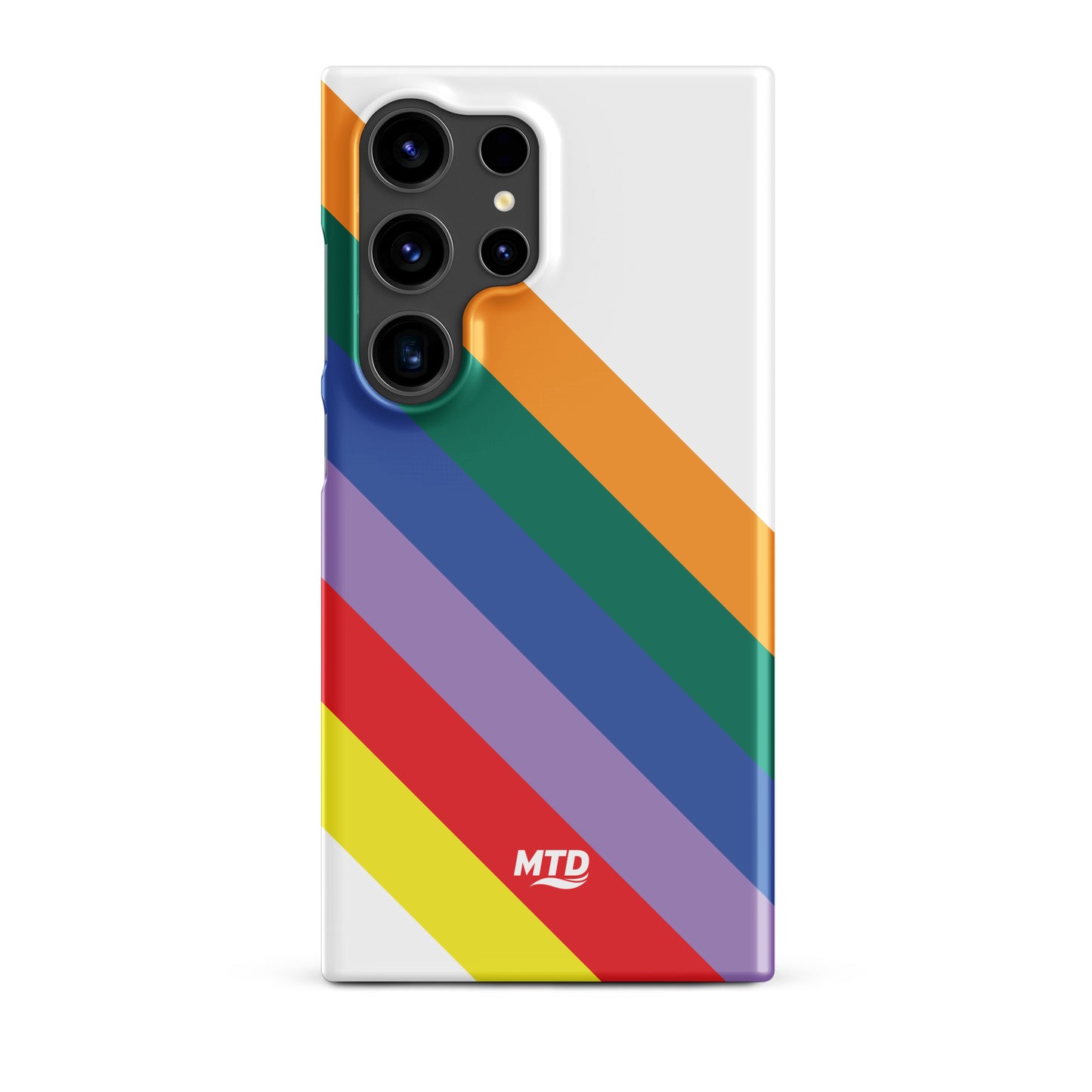 White phone case with six colored lines running diagonally in the center.